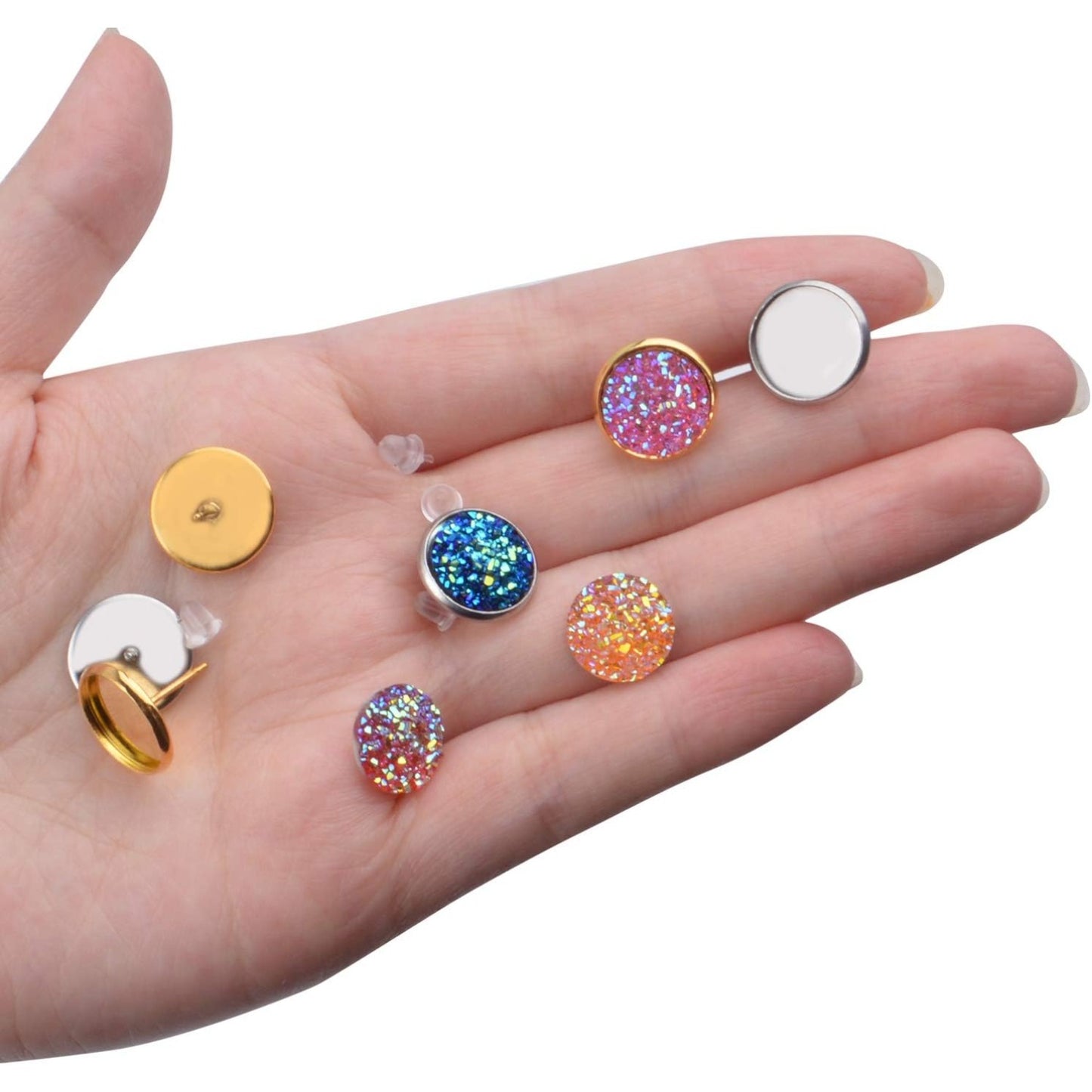 100 Pieces 12 mm Faux Druzy Resin Cabochons with 20 Pieces Stainless Steel Blank Stud Earring Bezel Setting and 20 Pieces Clear Earring Backs for Earring Jewelry Making -10 Colors