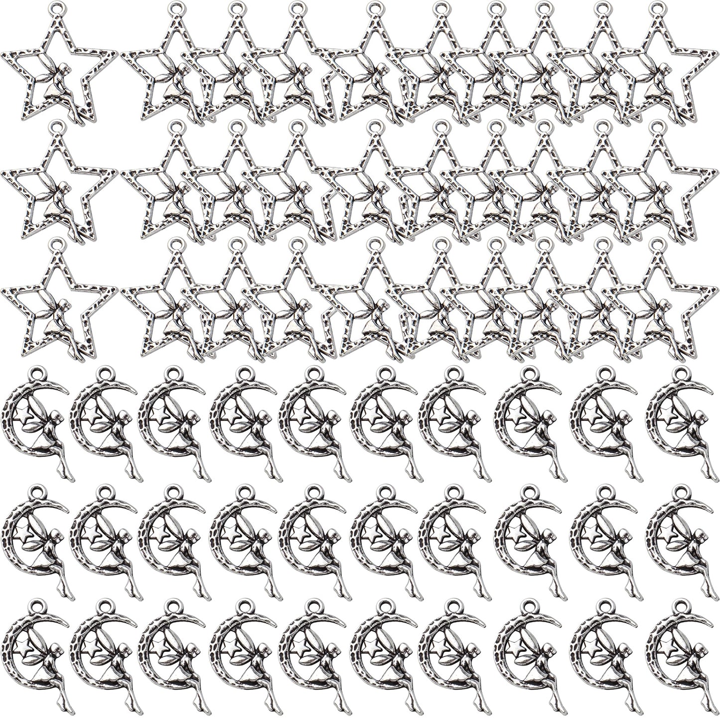 60pcs Fairy Moon Star Charms Alloy Angel Fairy Charms Pendants Crafts Supplies for DIY Jewelry Earrings Necklace Bracelet Making Accessory