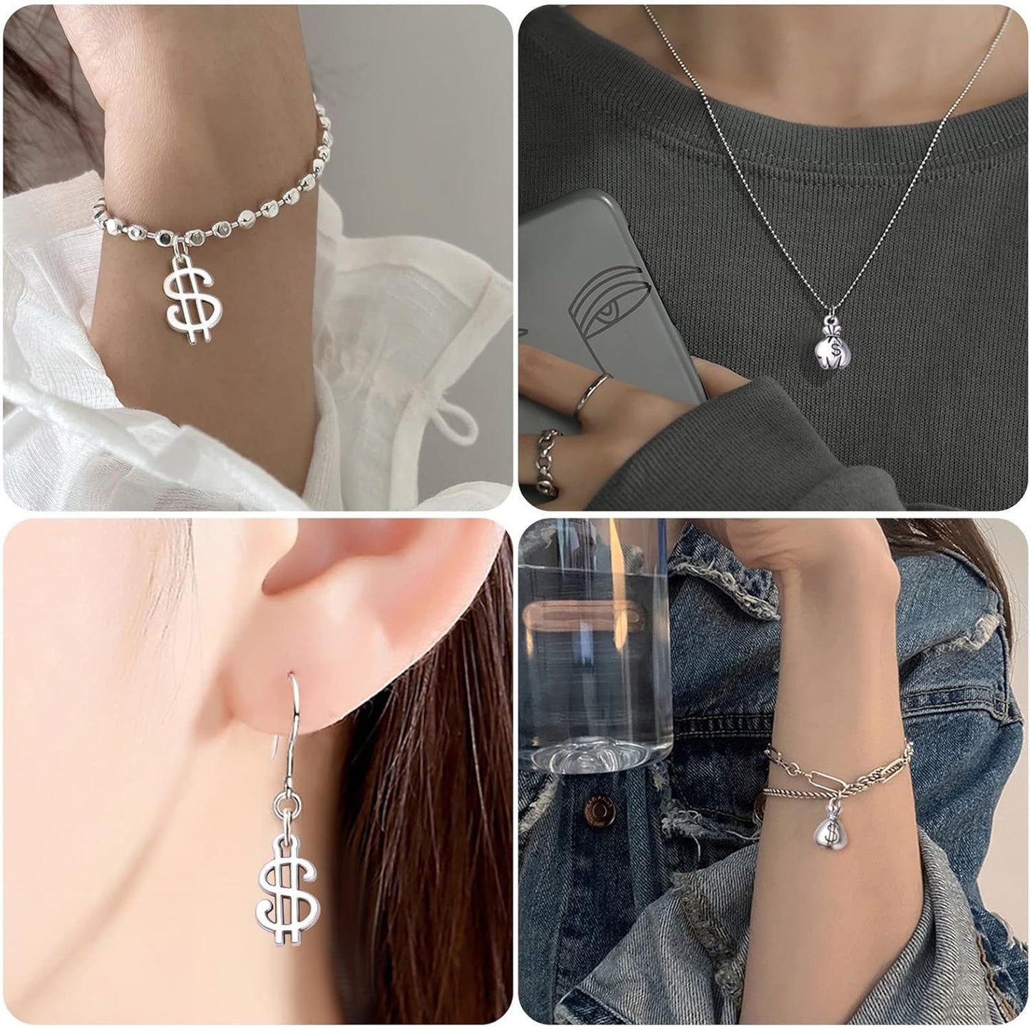 50pcs Antique Silver Dollar Sign Charms Tibetan Alloy Money Bag Pendants 100 Dollars Bill Charms for DIY Bracelets Necklace Jewelry Making Handmade Decoration, 5 Styles
