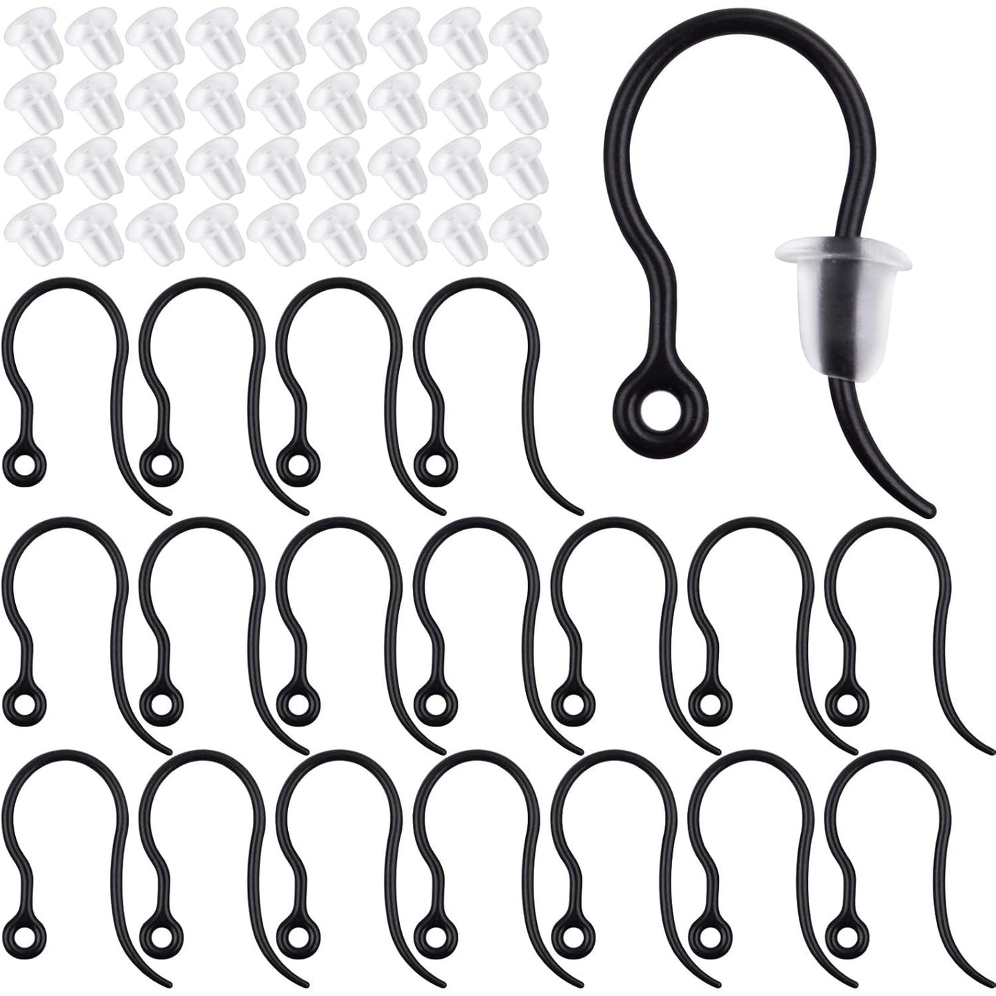 100pcs Black Plastic Earring Hooks French Earwire Fish Hooks with Loop and 100pcs Clear Earring Safety Backs for Women DIY Earrings Jewelry Making