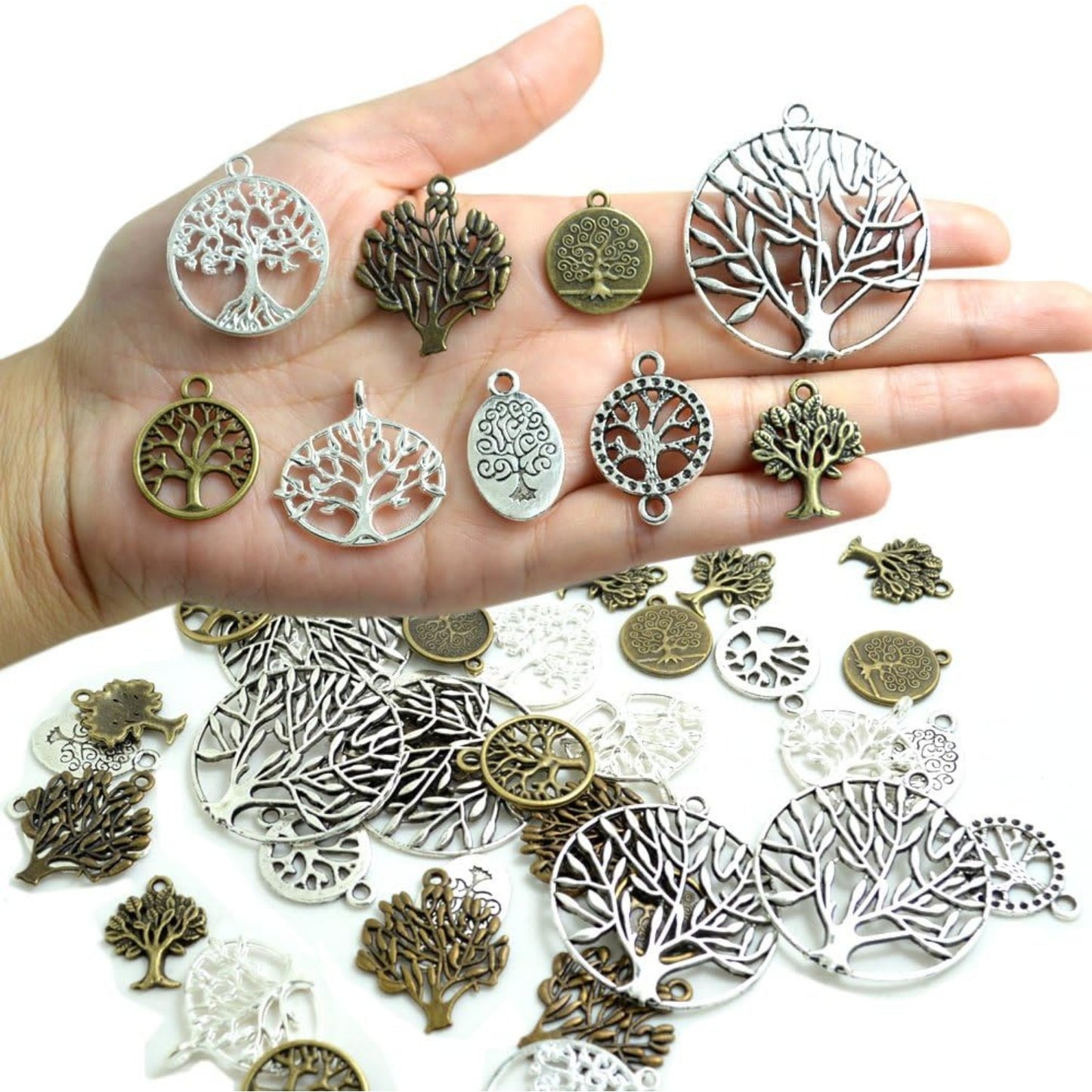 BronaGrand Pack of 50 Alloy Tree of Life Charms Pendents for Making Bracelet and Necklace
