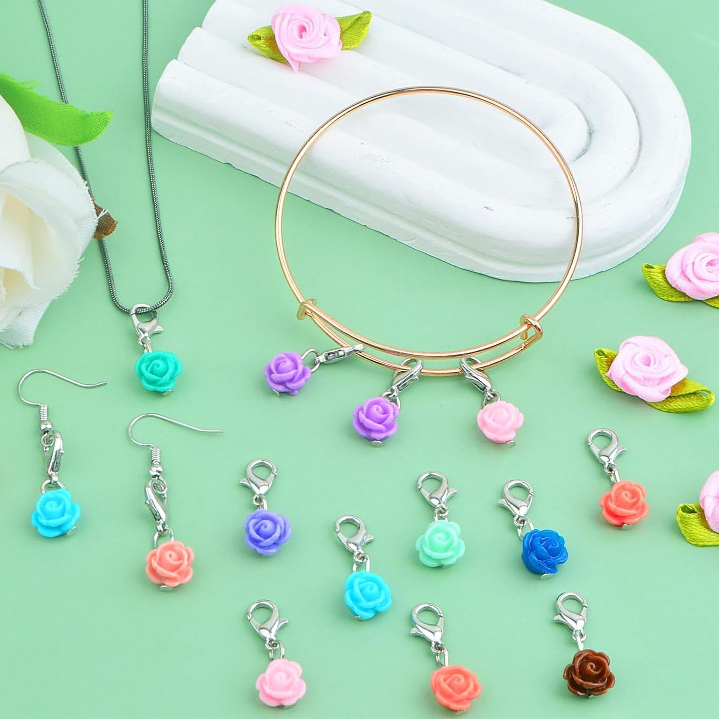24pcs Clip On Flower Charms Rose Dangle Charms Pendant with Lobster Clasp for DIY Bracelet Necklace Jewelry Making,12 Colors