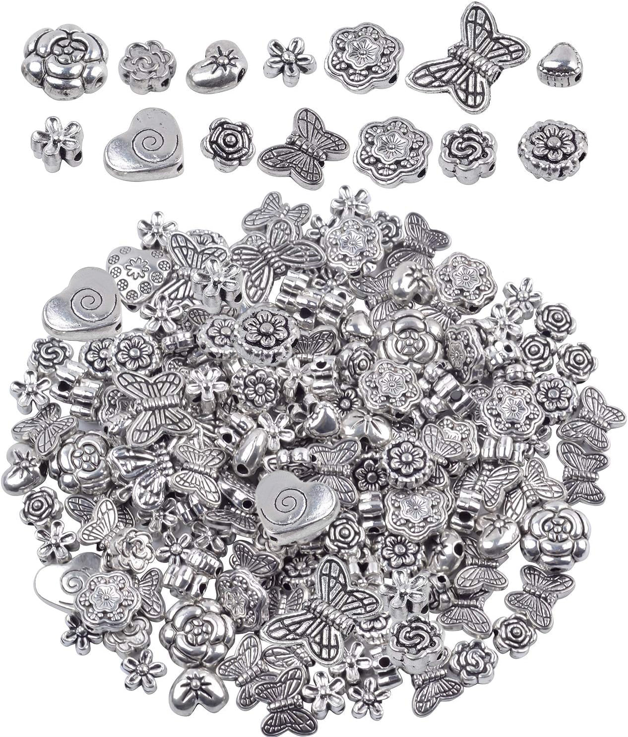 100 Gram(About 130-170pcs) Antique Tibetan Silver Alloy Butterfly Flower Beads Charm Bead Spacers Jewelry Findings Accessories for Bracelet Necklace Jewelry Making