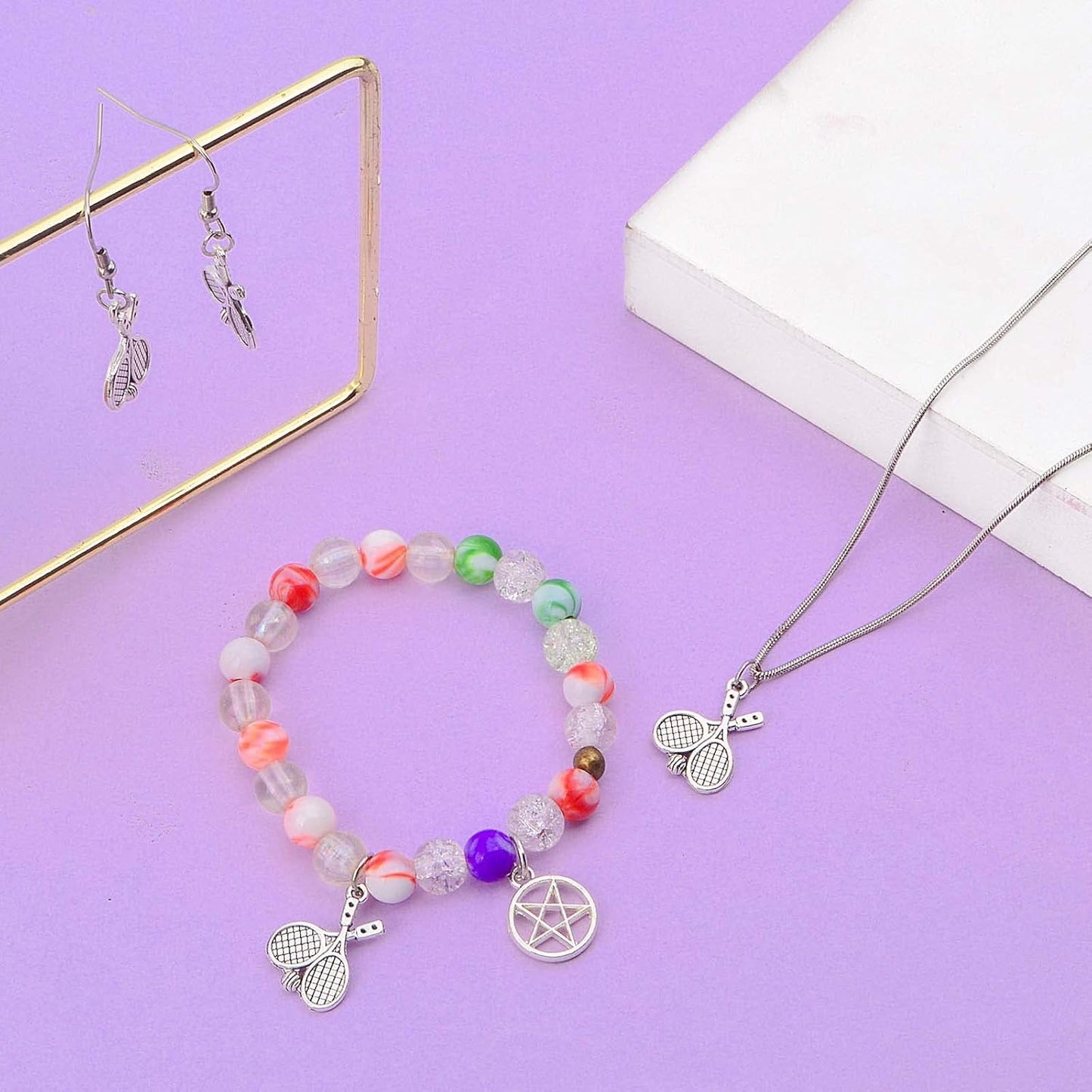 50pcs Antique Silver Tennis Racket Pendant Charms Tibetan Style Alloy Tennis Badminton Racket Pendants Accessories for DIY Bracelets Necklace Jewelry Craft Making