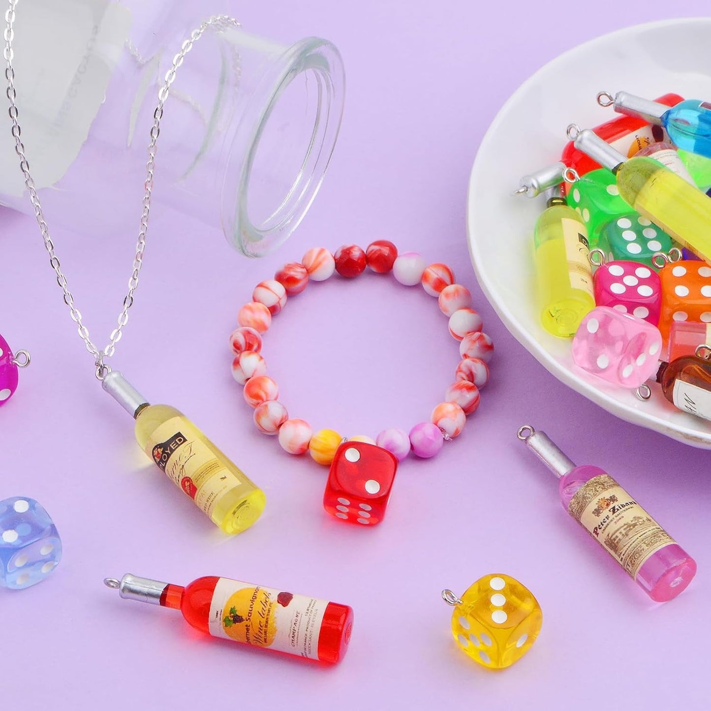 21pcs Resin Mini Wine Bottle Charms Plastic Random Colors Wine Bottles Label Pendants and 12pcs Clear Colorful Dice Dangle Charms for DIY Necklace Earrings Keychains Jewelry Making