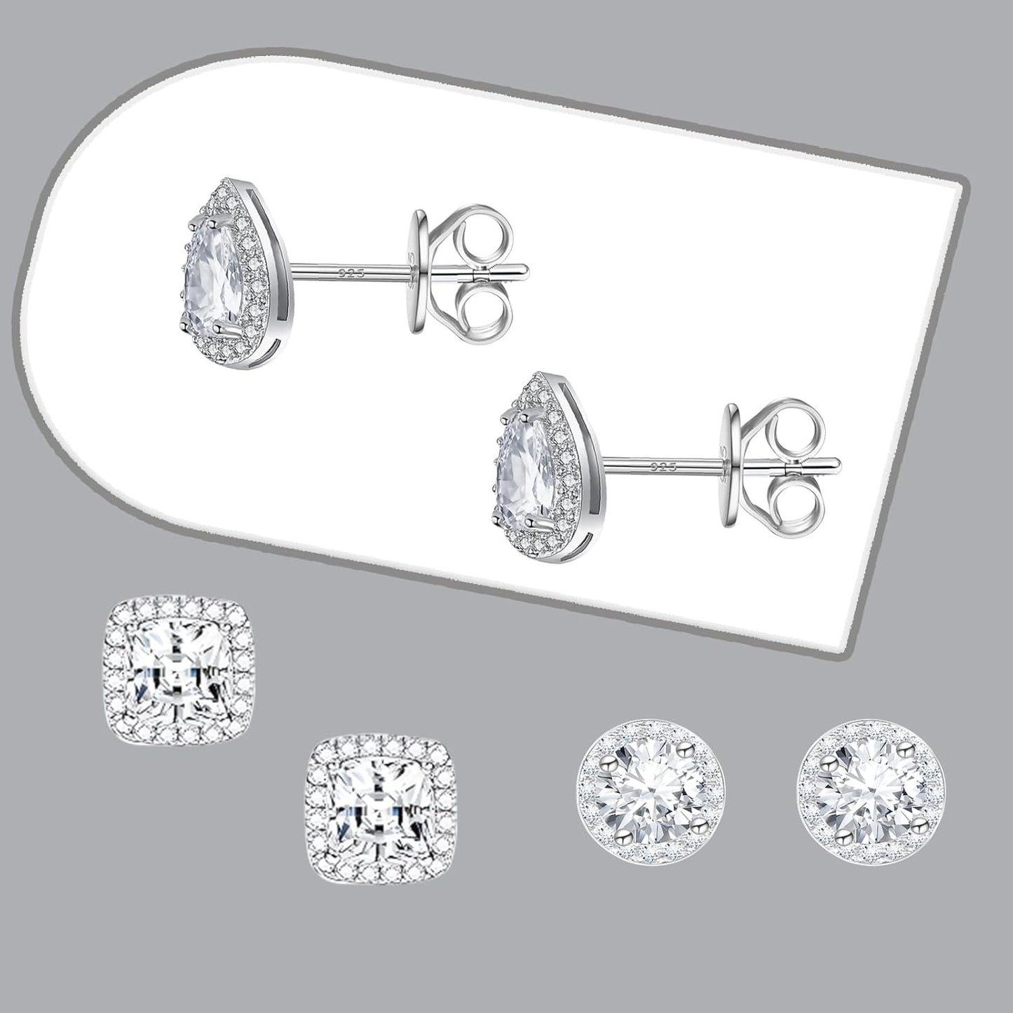 3 Pairs CZ Halo Stud Earrings Sterling Silver Plated Round Square Teardrop Cubic Zirconia Diamond Earring Posts for Women Men Sensitive Ears Anniversary Wedding Party Gift