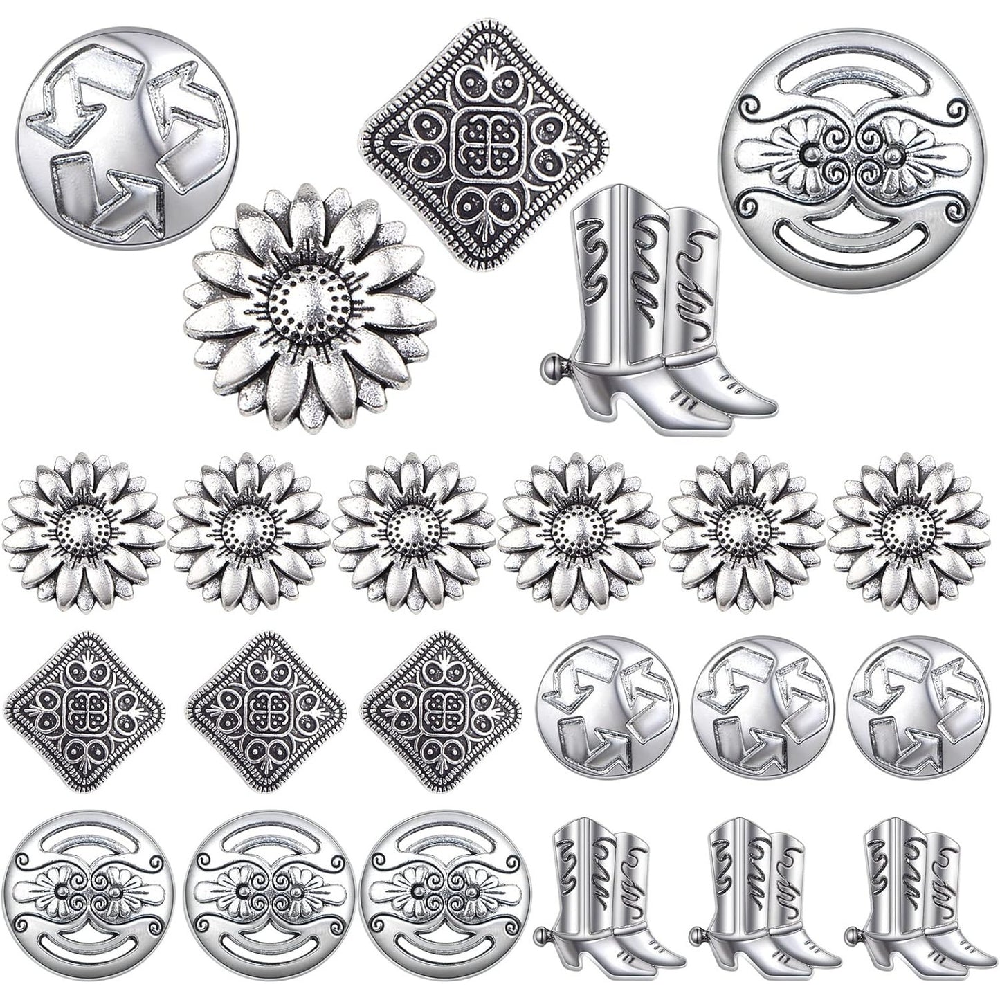 30pcs Silver Sewing Shank Buttons Tibetan Alloy Assorted Carved Sunflower Arrowhead Boot Decorative Handmade Buttons for Costumes Design Clothes Jeans Sewing Crafts, 5 Styles