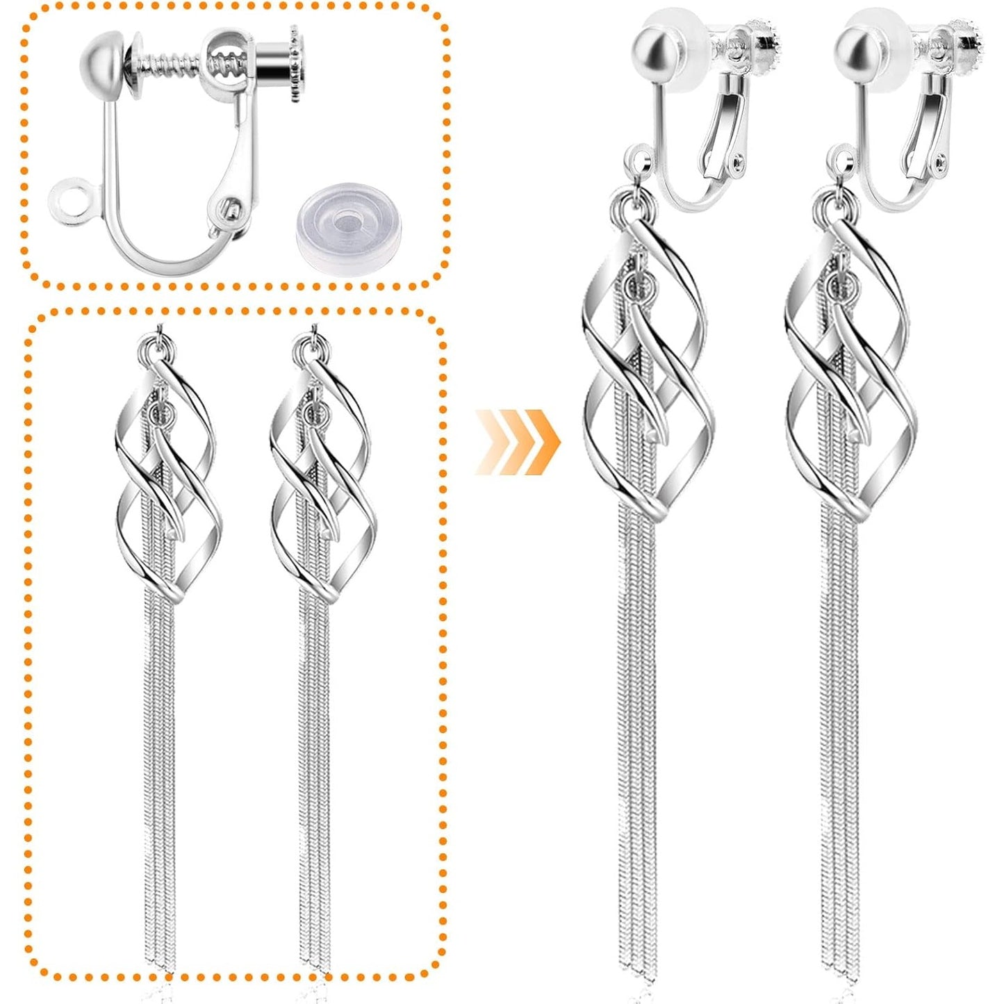24pcs Clip-on Earring Converters Brass Screw Back Earwire Non Pierced Earring Components with Loop and 24pcs Anti-Pain Ear Pads for DIY Jewelry Making, Bright Silver