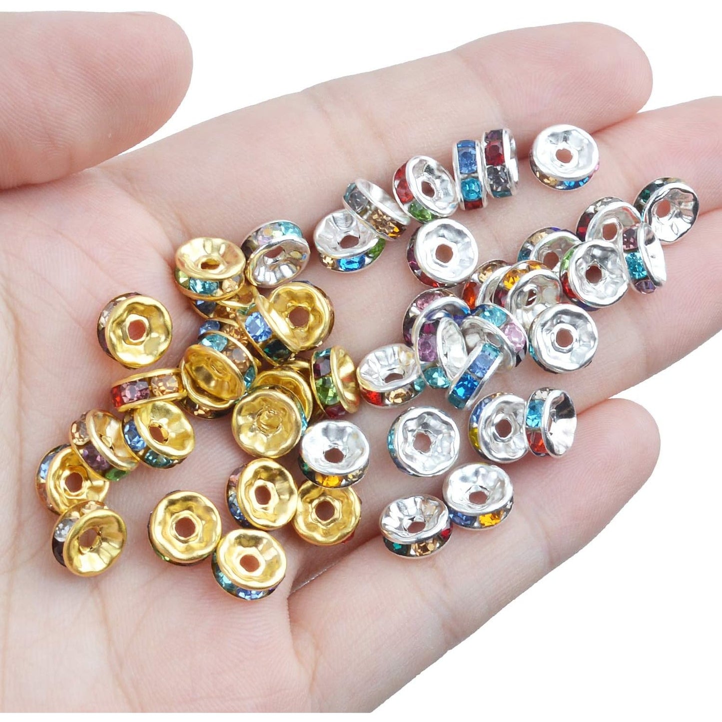 200pcs 8mm Multicolor Rhinestone Spacer Beads Mixed Crystal Rondelle Beads for Bracelets Necklaces Jewelry Making,Gold & Silver