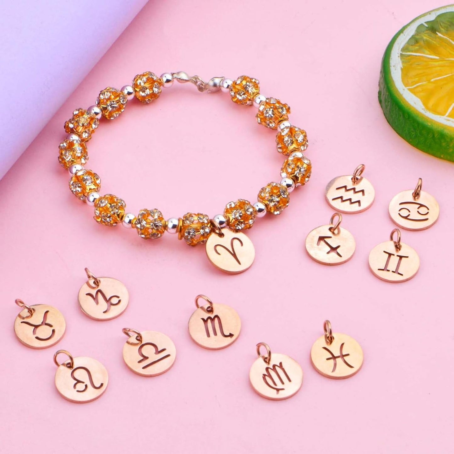 12pcs Stainless Steel Flat Round 12 Constellations Charms Hypoallergenic Zodiac Sign Pendants with Rings for DIY Necklaces Earrings Crafts Jewelry Making, Rose Golden