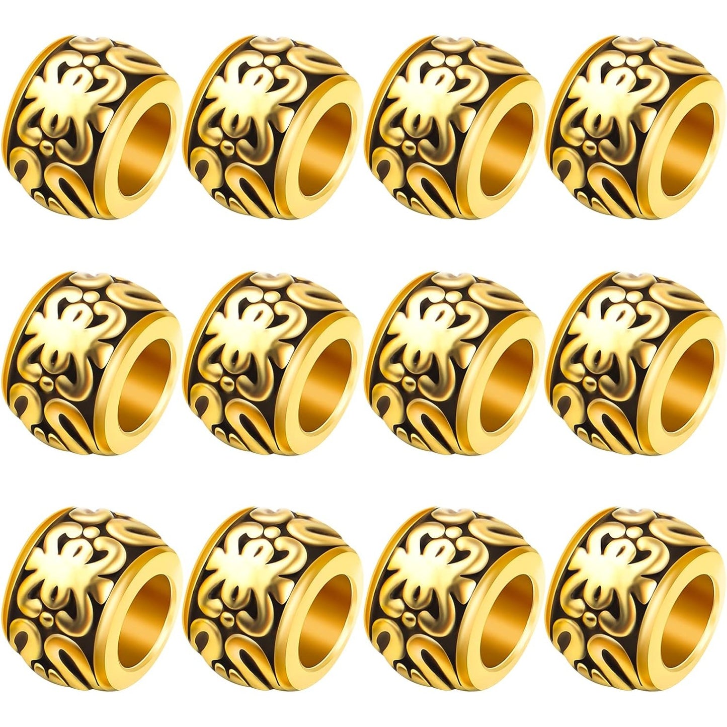 BronaGrand 100pcs Antique Gold Large Hole Spacer Beads Tibetan Alloy Column Barrel Beads with Nice Patterns Loose Charm Beads for European Charm Snake Chain Bracelet Jewelry Making
