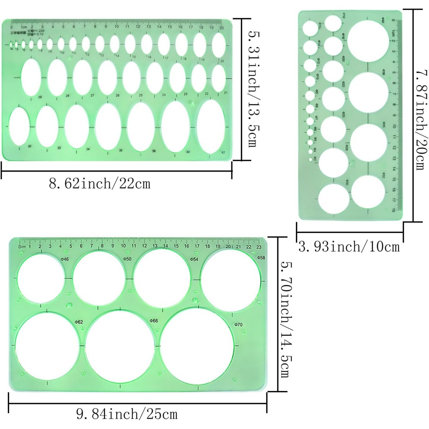 3pcs Circle Stencils Oval Stationery Template Plastic Measuring Templates Geometric Rulers Set for Drafting, Drawing(Clear Green)