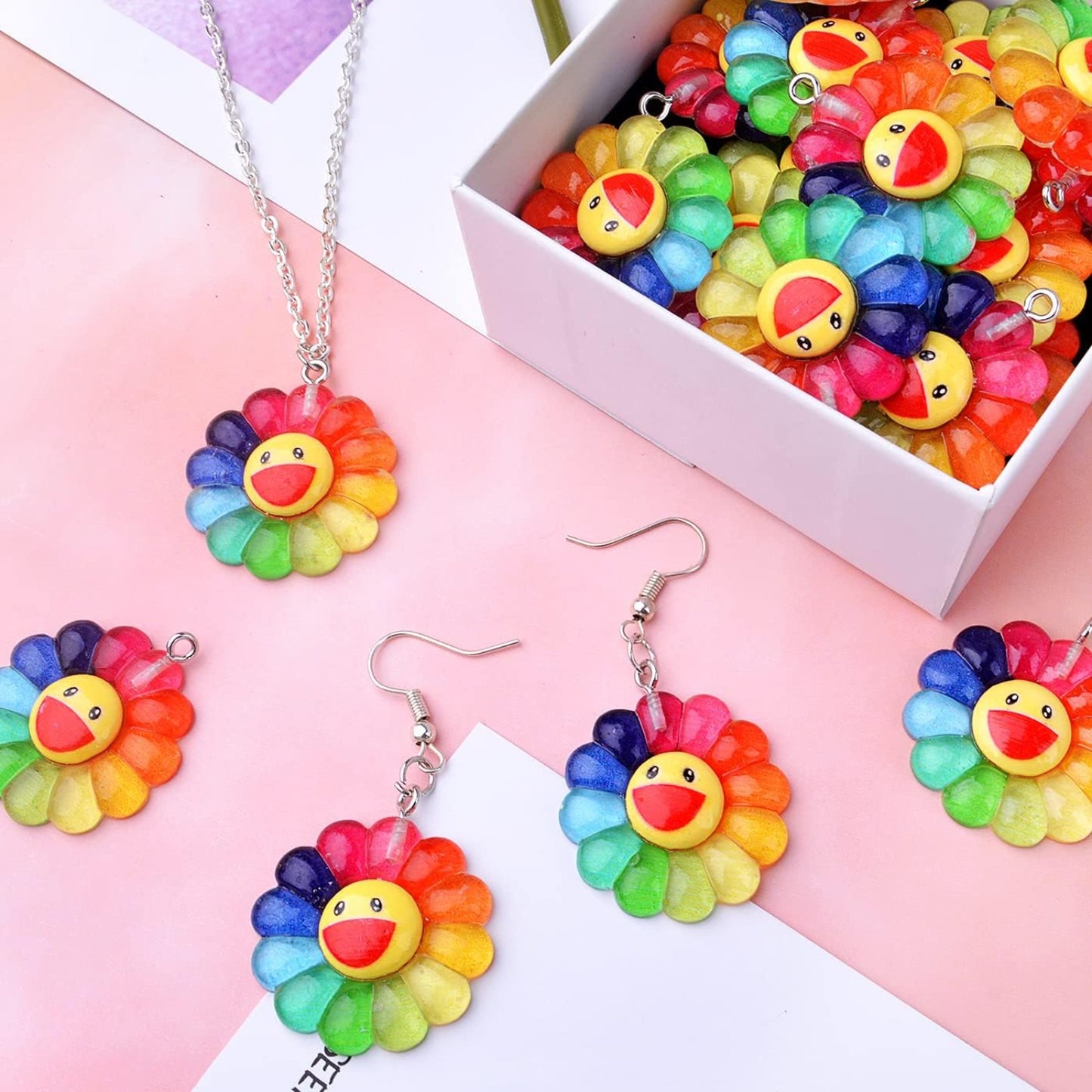20pcs Colorful Smiley Sunflower Charms Resin Rainbow Smiling Face Flower Pendants Sunflower Beads Charm Collection Crafts for DIY Bracelet Necklace Earring Jewelry Making