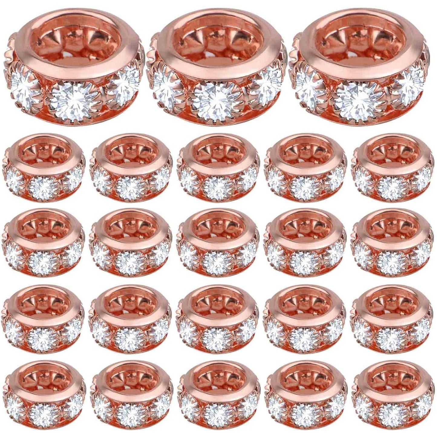 40pcs Rose Golden Crystal Rhinestone Spacer Beads European Large Hole Rondelle Beads for DIY Bracelet Snake Chain Jewelry Making Handmade Decor, Hole: 6.5 mm