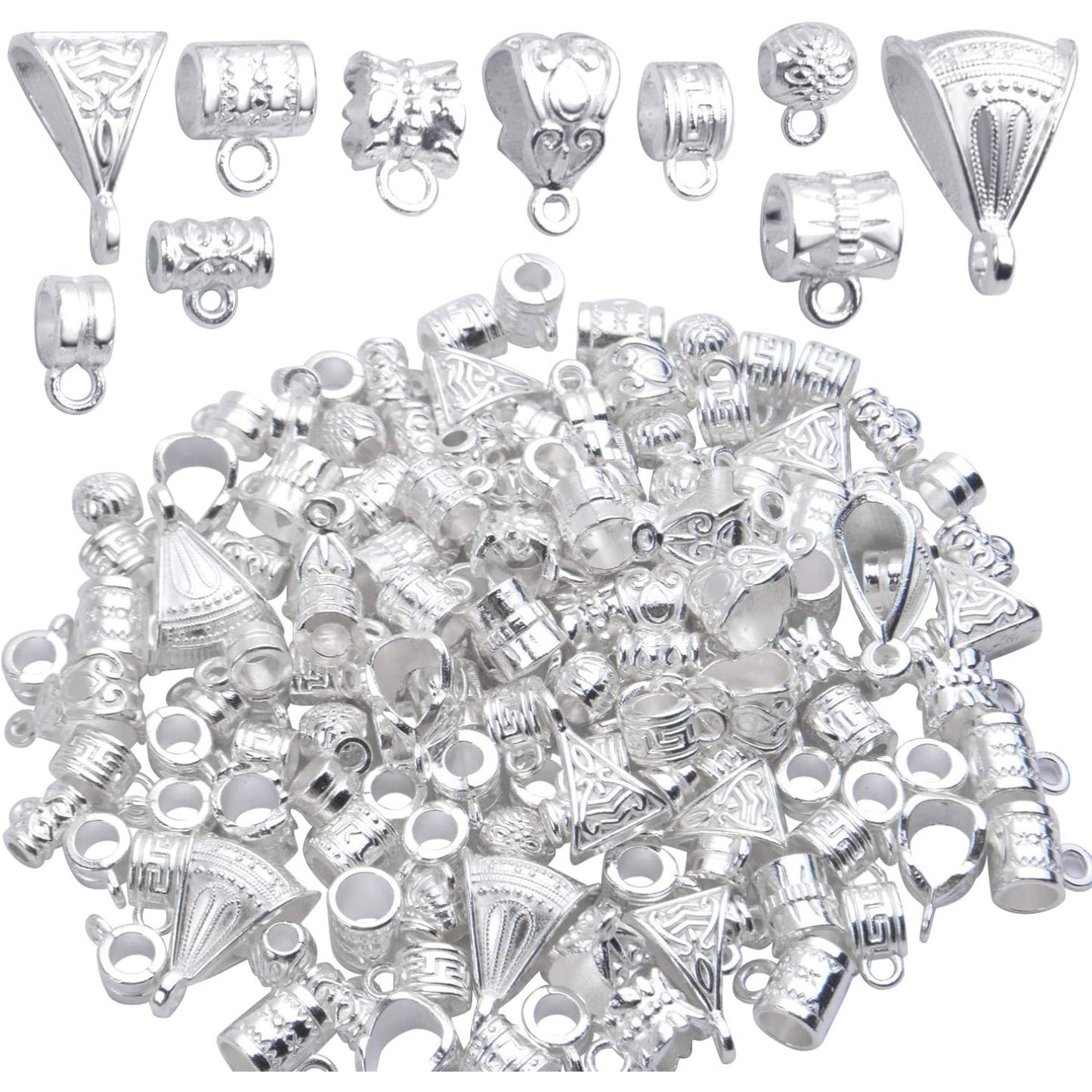 100g (About 120-170pcs) Mixed Bright Silver Bail Beads,Spacer Bead,Bail Tube Beads,Bracelet Charms,Necklace Pendants for Jewelry and Craft Making