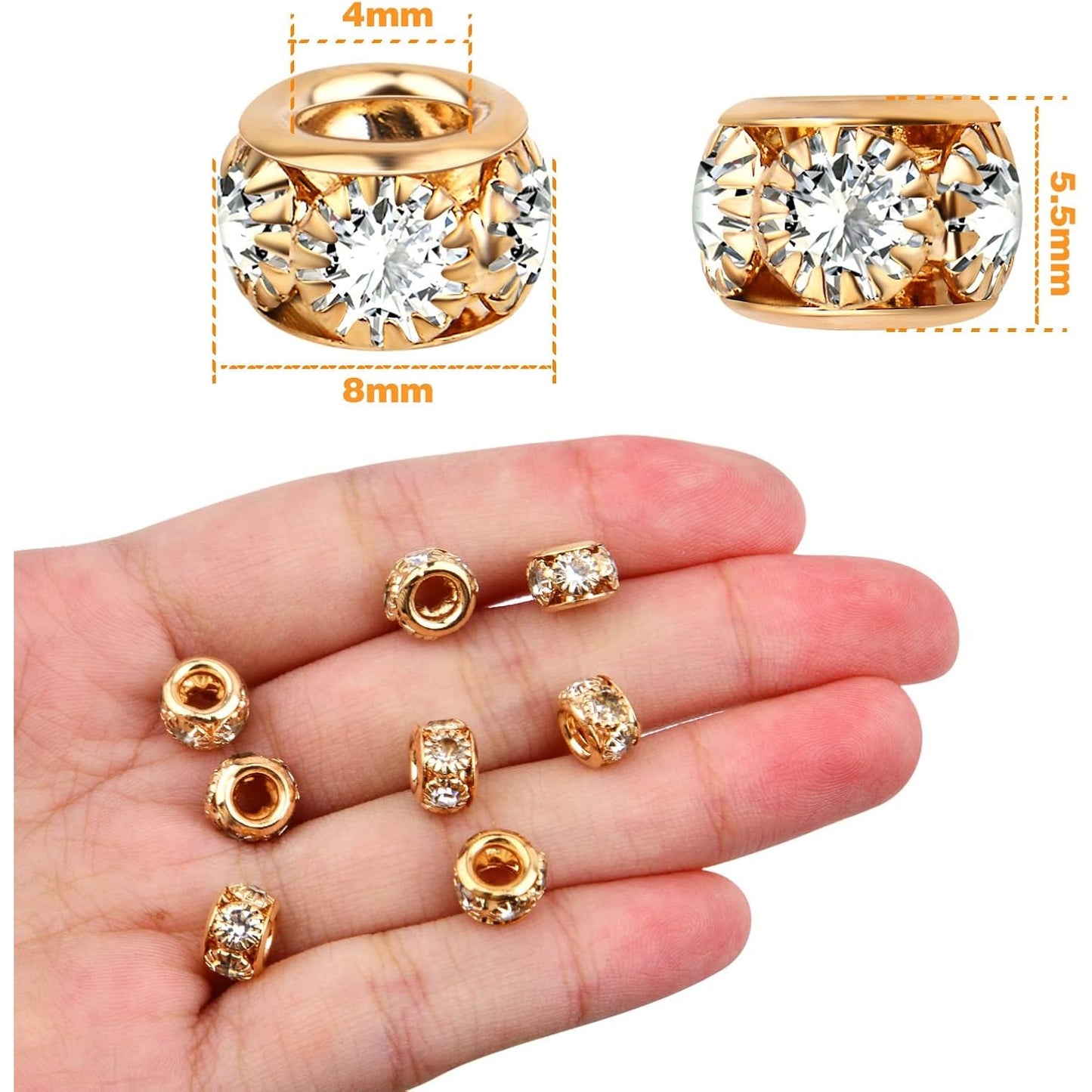 40pcs KC Golden Rhinestone European Spacer Beads Large Hole Rondelle Beads Diamond Crystal Loose Charm Beads for Snake Chain Bracelet Jewelry Making