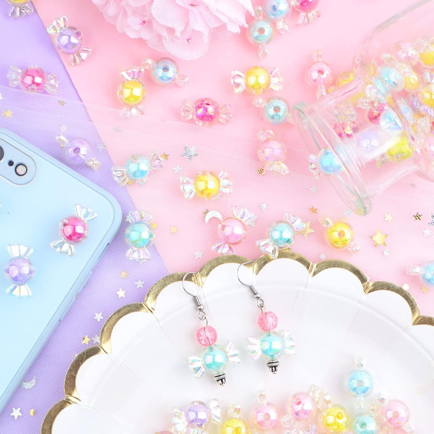 120 Gram (About 90pcs) Acrylic Candy Bow Beads Mixed Colors Cute Candy Shape Beads Shiny Kawaii Charm Beads Embellishments for DIY Hairband Bracelets Necklaces Jewelry Making