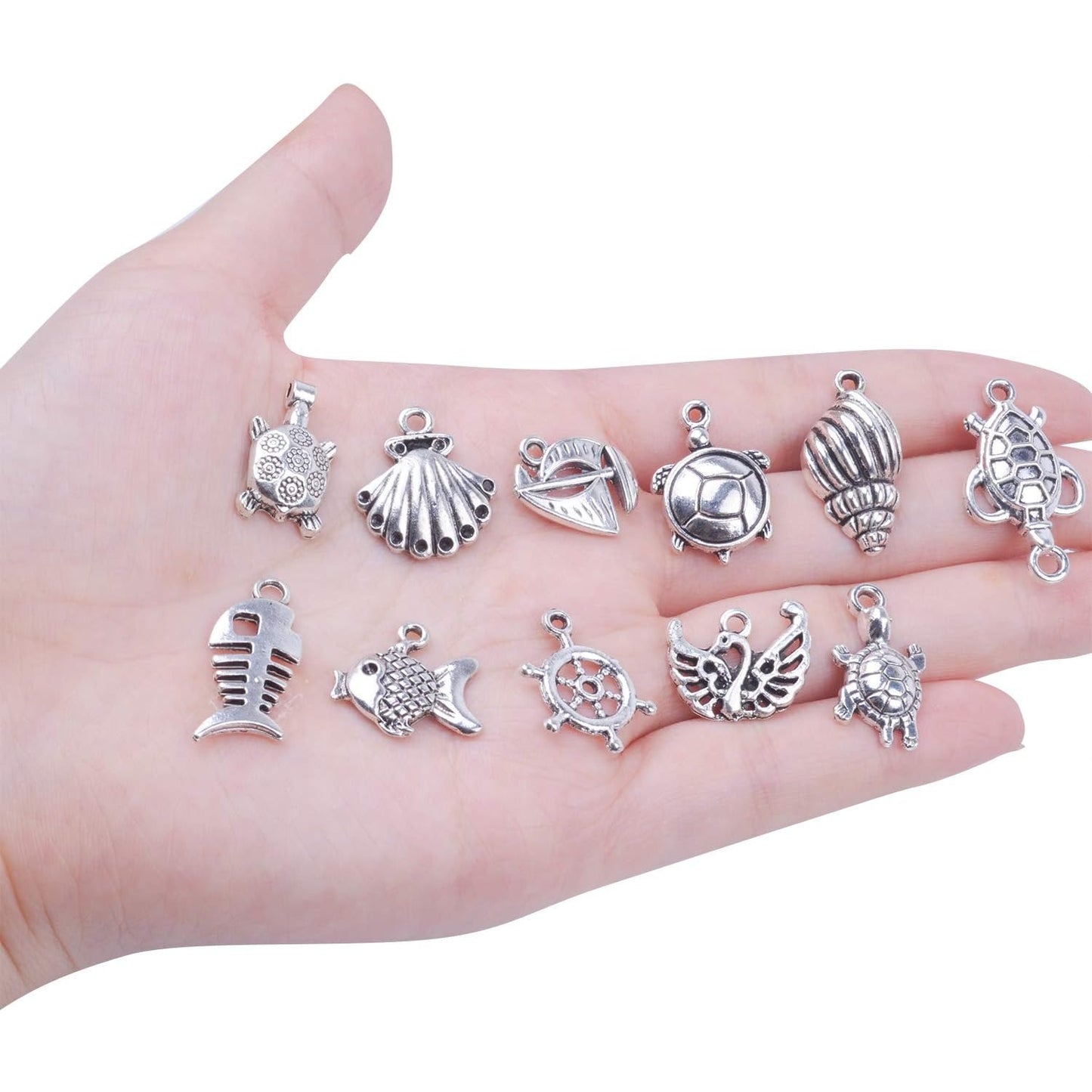 100pcs Mixed Antique Silver DIY Ocean Fish & Sea Creatures Charms Pendants for Making Bracelet and Necklace