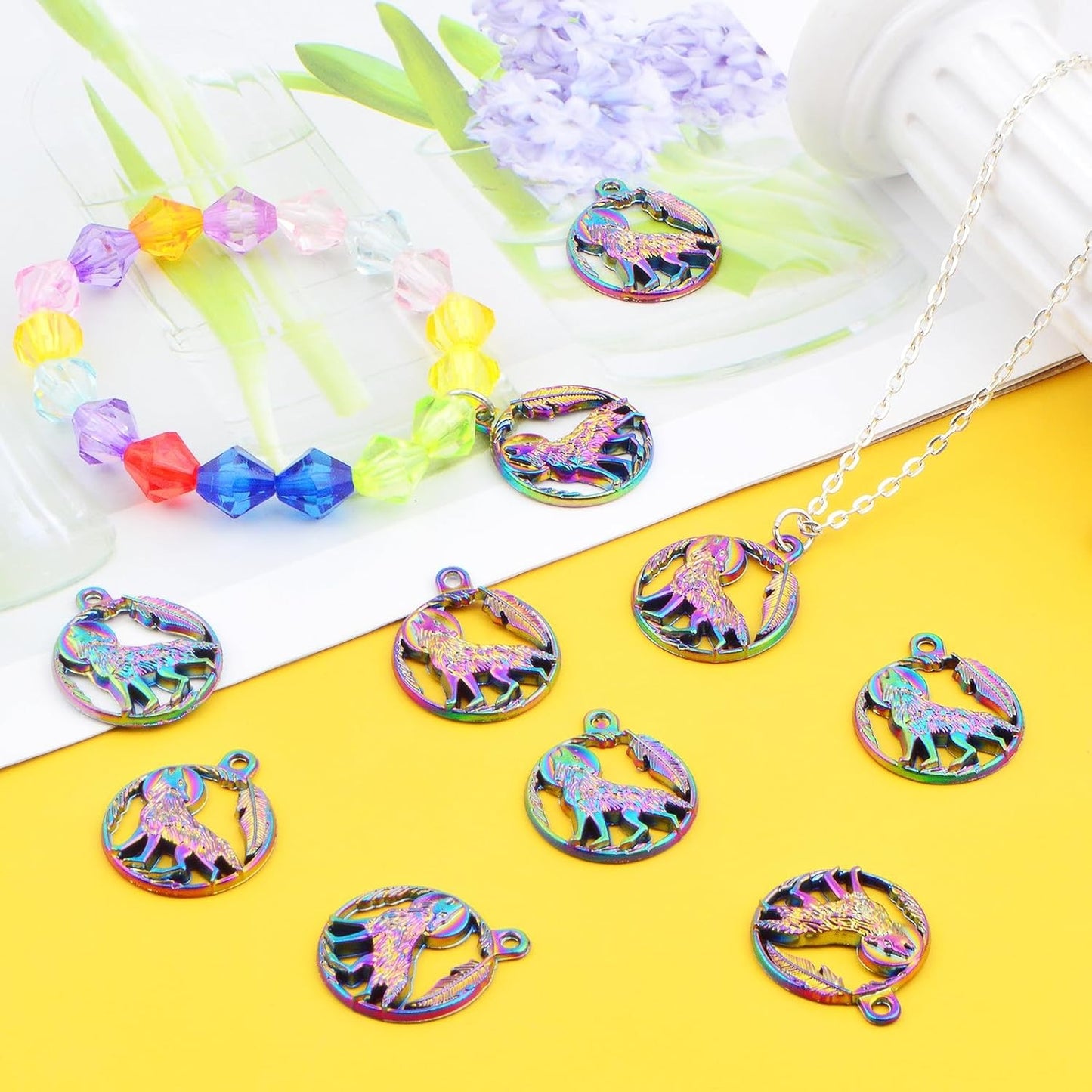 10 Pieces Rainbow Color Wolf Shape Charms Alloy Hollow Animal Wolf Dangle Pendants Hanging Ornaments for DIY Necklace Bracelet Jewelry Making Crafting, 25 x 21 mm