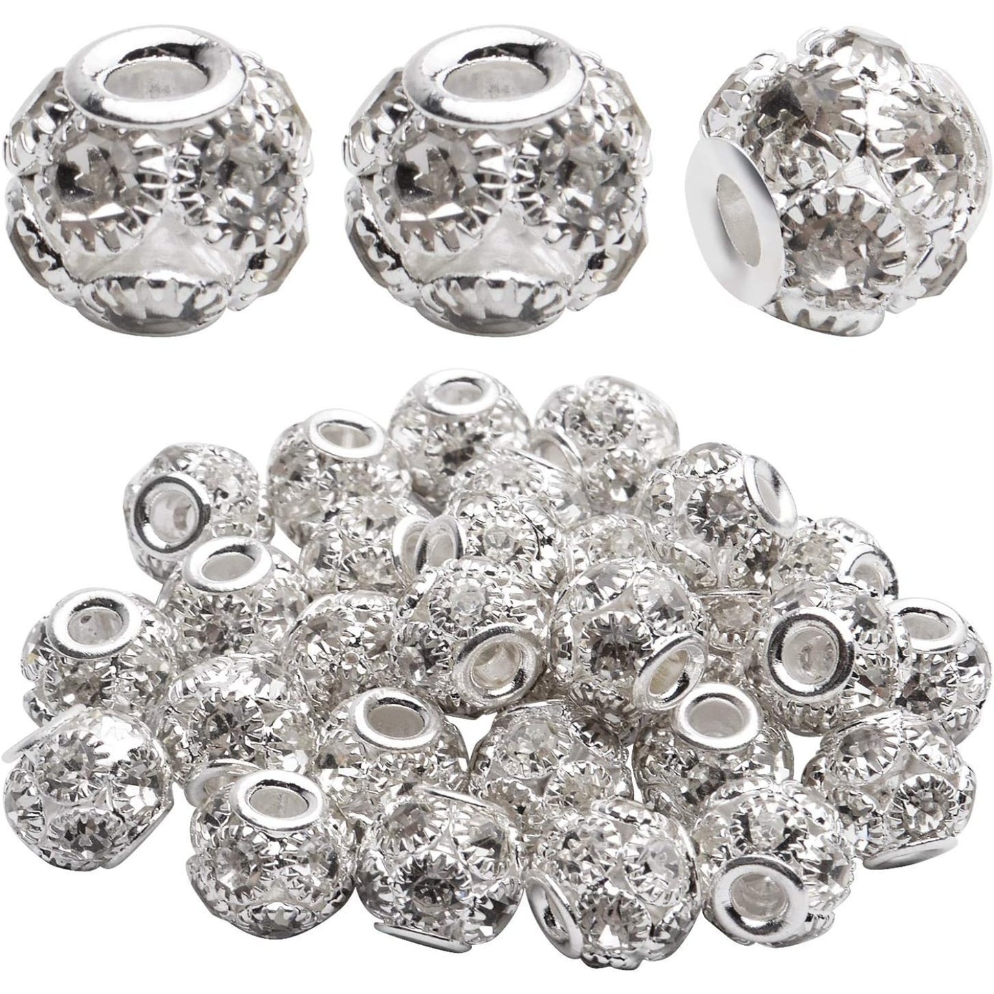 Rhinestone Spacer Beads, 30pcs 10mm Silver Rhinestone Pave Crystal Brass Beads European Rondelle Beads Round Spacer Beads for Bracelet Nacklace Jewelry Making Wedding Party Decoration