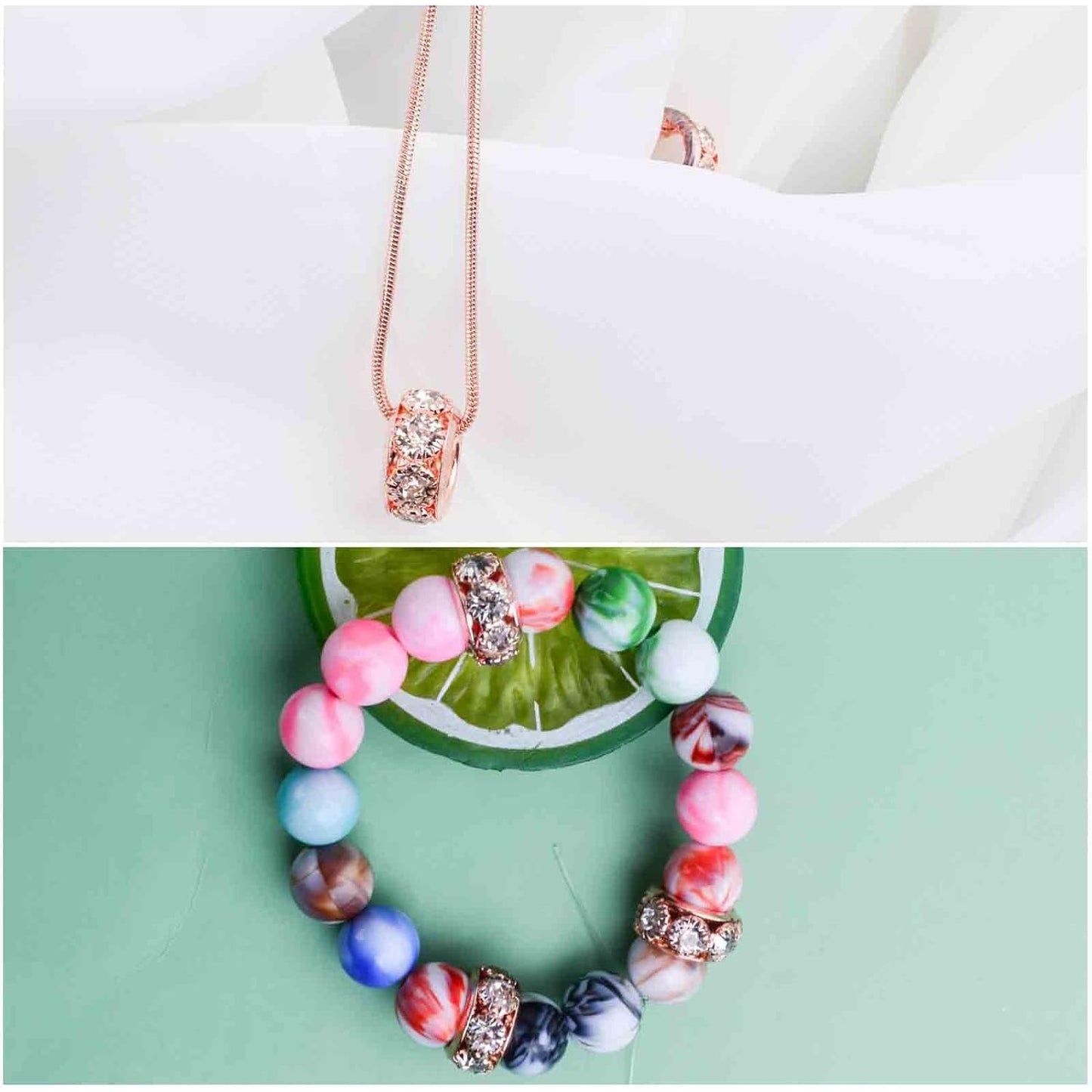 40pcs Rose Golden Crystal Rhinestone Spacer Beads European Large Hole Rondelle Beads for DIY Bracelet Snake Chain Jewelry Making Handmade Decor, Hole: 6.5 mm