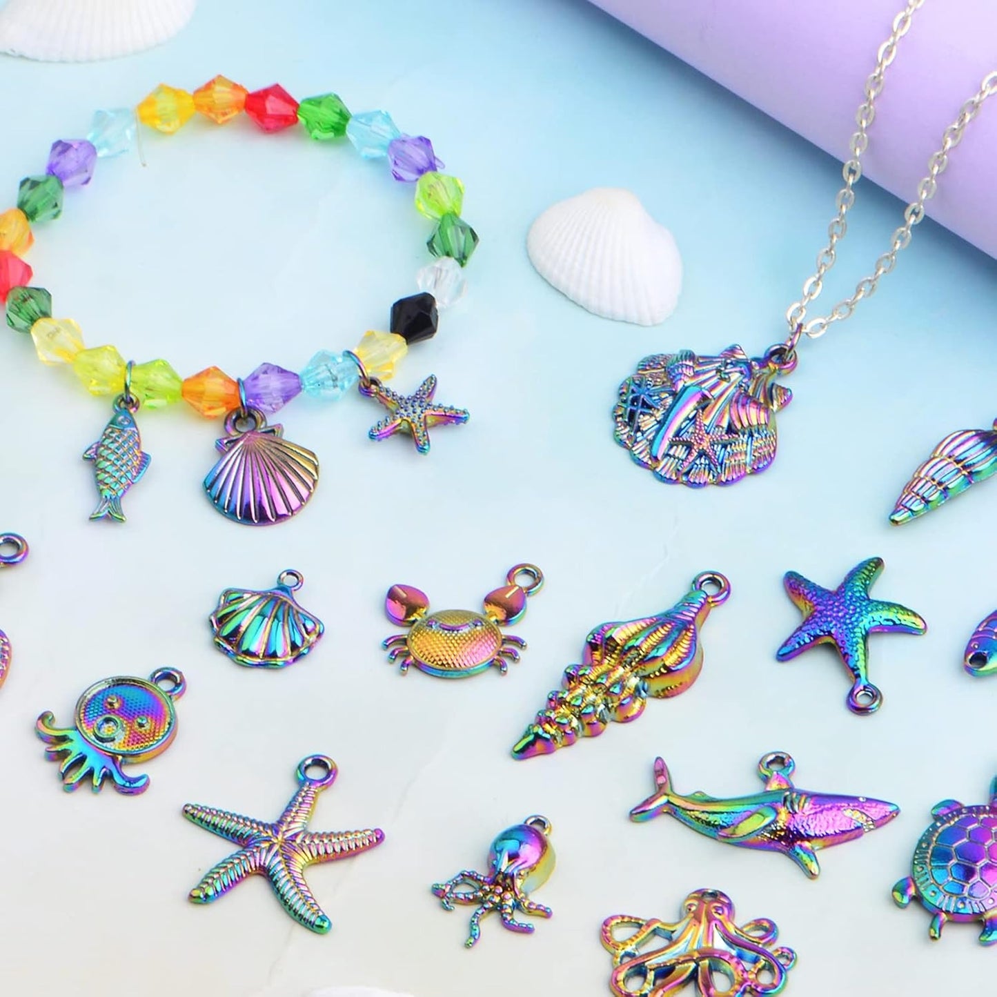 20pcs Stainless Steel Mixed Ocean Beach Charms Sea Creatures Starfish Seashell Octopus Pendants and 20pcs Open Jump Rings for DIY Bracelet Necklace Jewelry Making, Rainbow Color