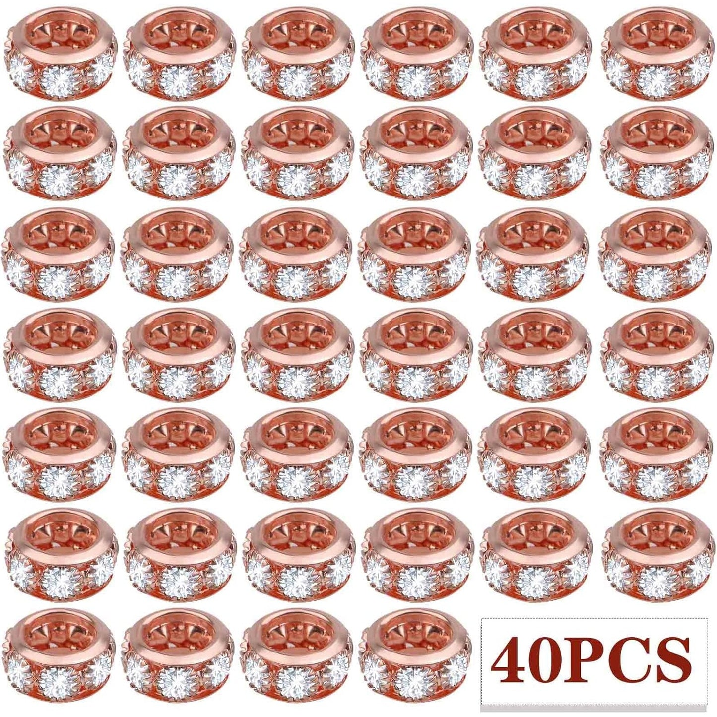 40pcs Rose Golden Crystal Rhinestone Spacer Beads European Large Hole Rondelle Beads for DIY Bracelet Snake Chain Jewelry Making Handmade Decor, Hole: 6.5 mm