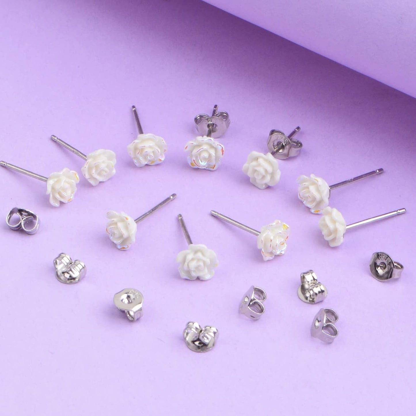 10pcs Resin Plastic Rose Flower Earring Pin Posts 3D Rose Stud Earrings and 10pcs Metal Butterfly Earring Backs Kit for Sensitive Ears DIY Jewelry Making Findings