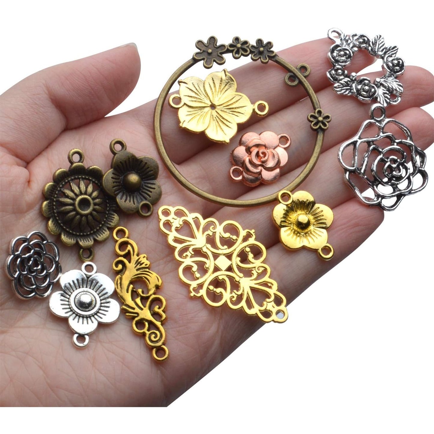Jewelry Connectors, 100 Gram Tibetan Style Mixed Flower Shape Pendants Metal Beads Link Charms for DIY Earring Necklace Jewelry Making