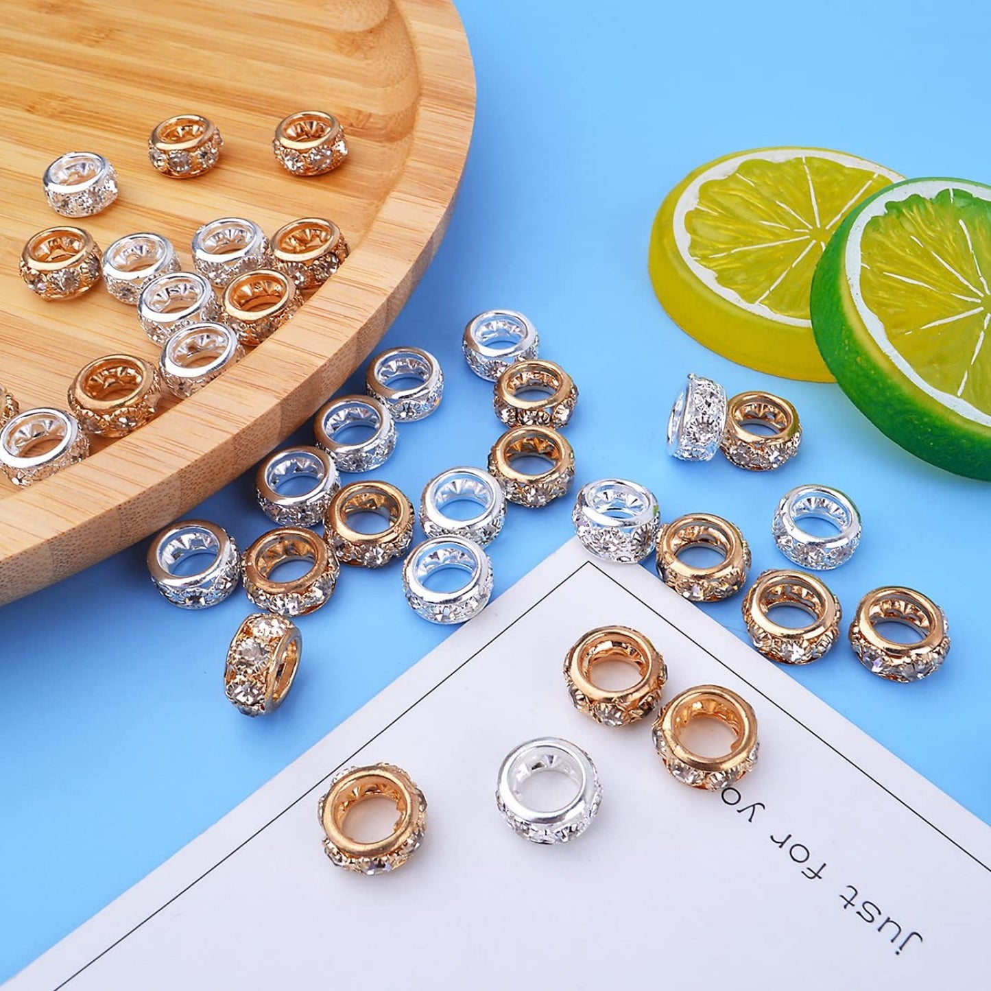 Large Hole Spacer Beads, 40pcs 12 mm Crystal Rhinestone European Beads Brass Rondelle Charm Spacers Loose Beads Crafts Supplies for DIY Snake Chain Bracelets Jewelry Making, Gold, Silver