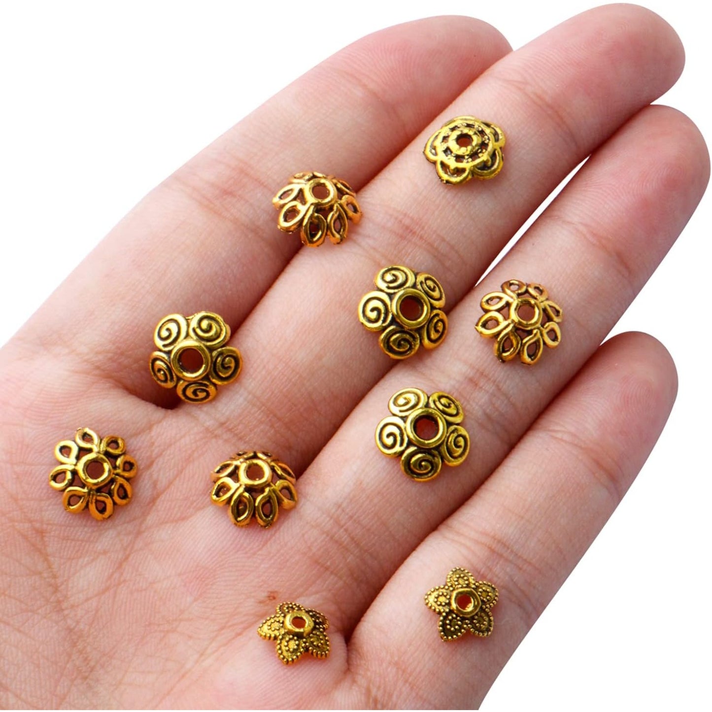 200pcs Antique Gold Spacer Beads Caps Flower Bead Caps Alloy Flower Cap Bead End Caps Loose Beads for DIY Bracelet Earring Necklace Jewelry Crafts Making Accessories