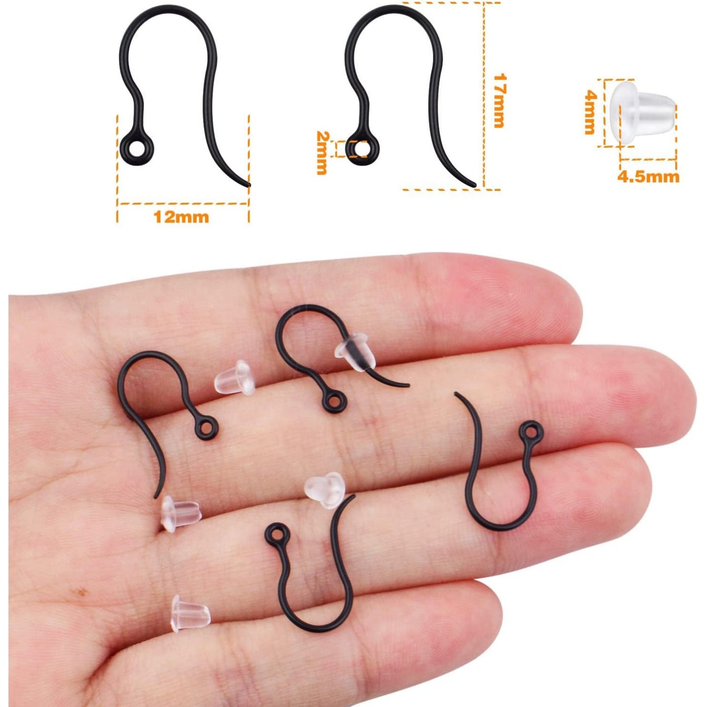 100pcs Black Plastic Earring Hooks French Earwire Fish Hooks with Loop and 100pcs Clear Earring Safety Backs for Women DIY Earrings Jewelry Making