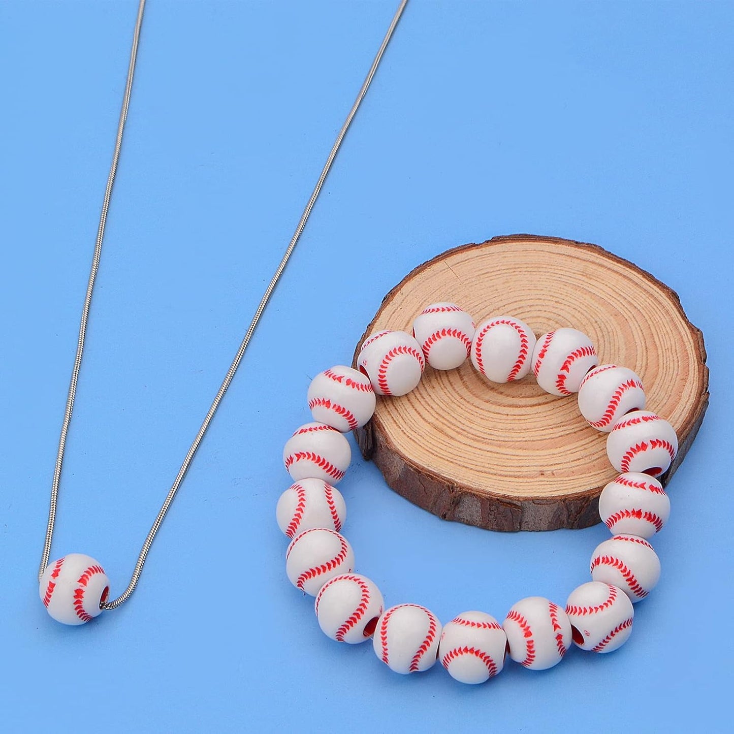 120pcs Round Baseball Spacer Beads Acrylic Baseball Sport Beads with A Roll 6 m of Elastic Crystal String for DIY Necklace Bracelet Jewelry Making Craft Projects