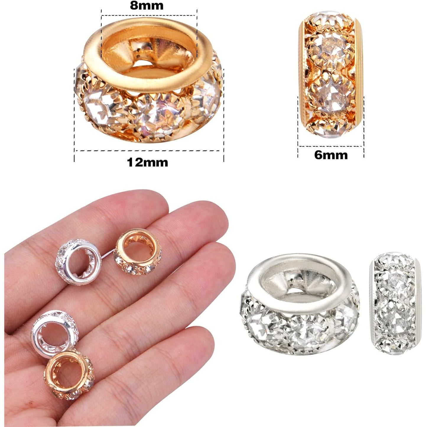 Large Hole Spacer Beads, 40pcs 12 mm Crystal Rhinestone European Beads Brass Rondelle Charm Spacers Loose Beads Crafts Supplies for DIY Snake Chain Bracelets Jewelry Making, Gold, Silver