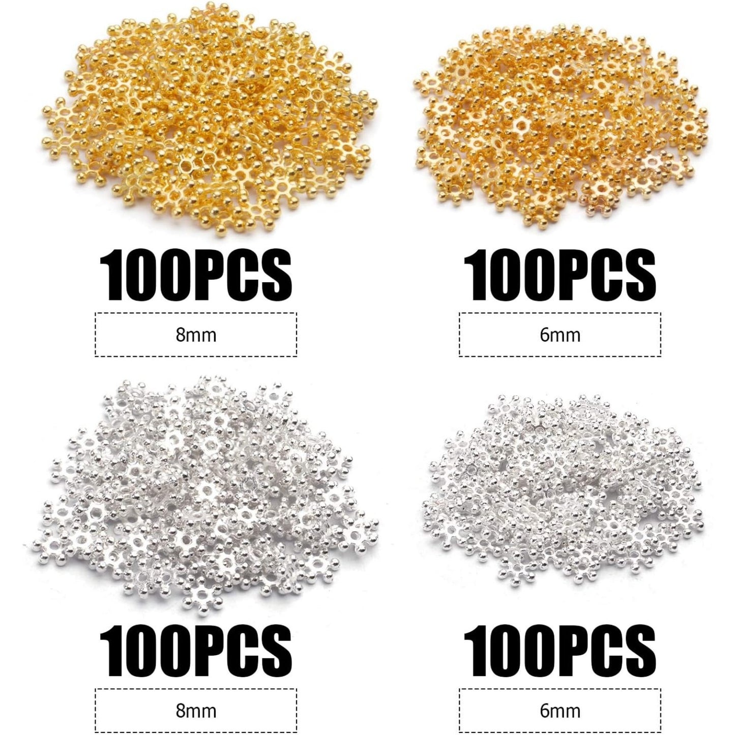 400pcs Snowflake Spacer Beads Flat Metal Spacers for Bracelet Necklace Jewelry Making, 6mm/8mm Diameter,Bright Silver & Bright Gold