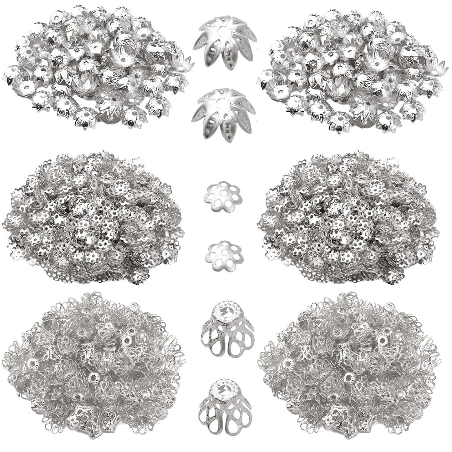 2400pcs Filigree Flower Beads Caps Metal Spacer Beads Caps Hollow Cone End Caps Jewelry Making Accessories for DIY Bracelet Earring Necklace Craft Supplies, 3 Styles, Golden and Silver