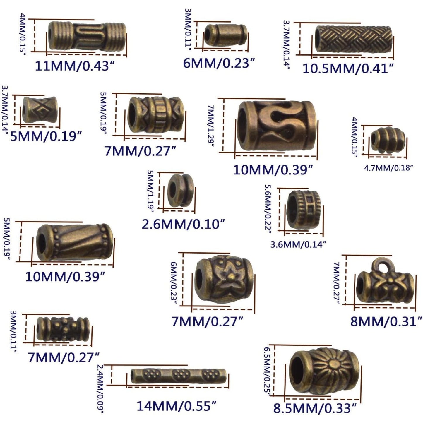 100 Gram Antique Bronze Mixed Styles Column Spacer Beads Alloy Barrel Tube Bar Loose Charm Beads Jewelry Findings Accessories for DIY Bracelet Necklace Craft Projects