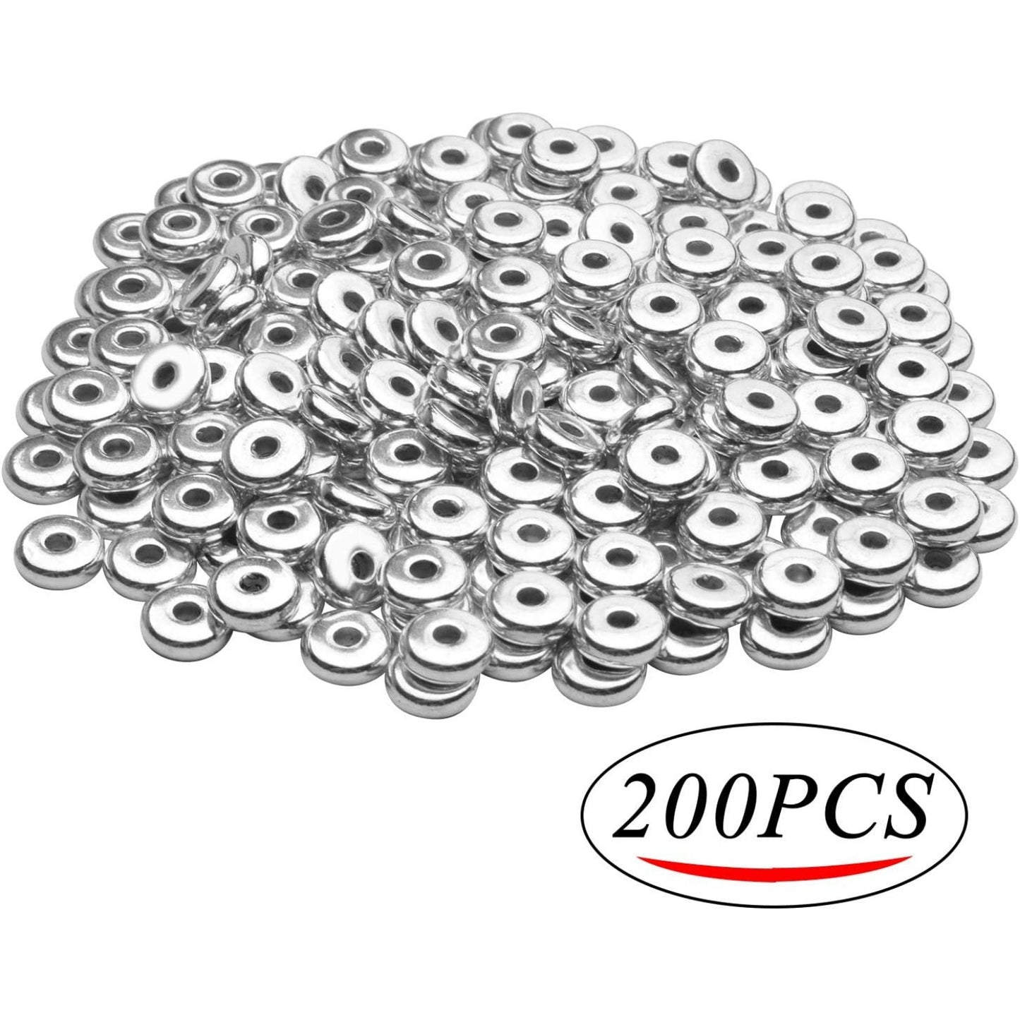 200pcs 8mm Flat Round Rondelle Spacer Beads Disc Spacers Loose Beads Jewelry Metal Spacers for DIY Bracelet Necklace Crafts, Silver