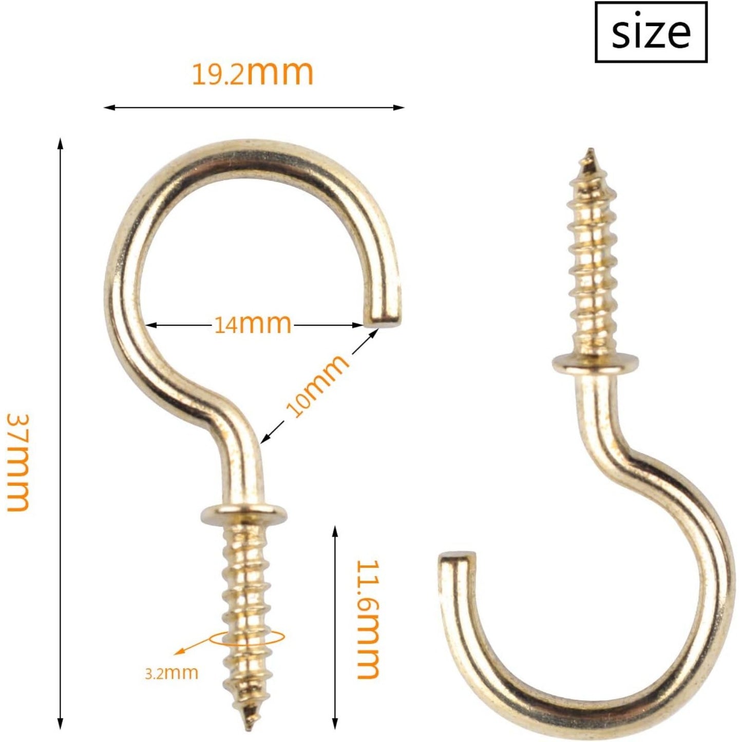 BronaGrand 100pcs Nickel Plated Metal Screw-in Ceiling Hooks Cup Hooks Gold 1inch