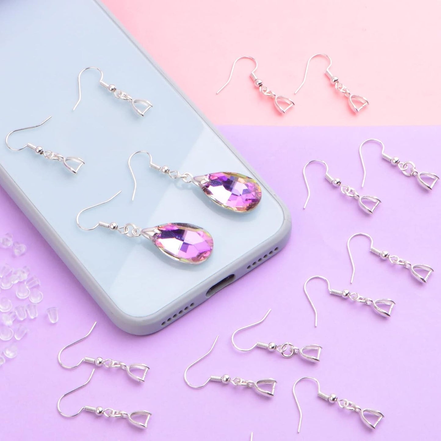 50pcs Brass Earring Fish Hooks Hypoallergenic French Earwire Hooks with Pinch Bail Clasps and 50pcs Clear Earring Backs Stoppers for DIY Earrings Making Supplies, Silver