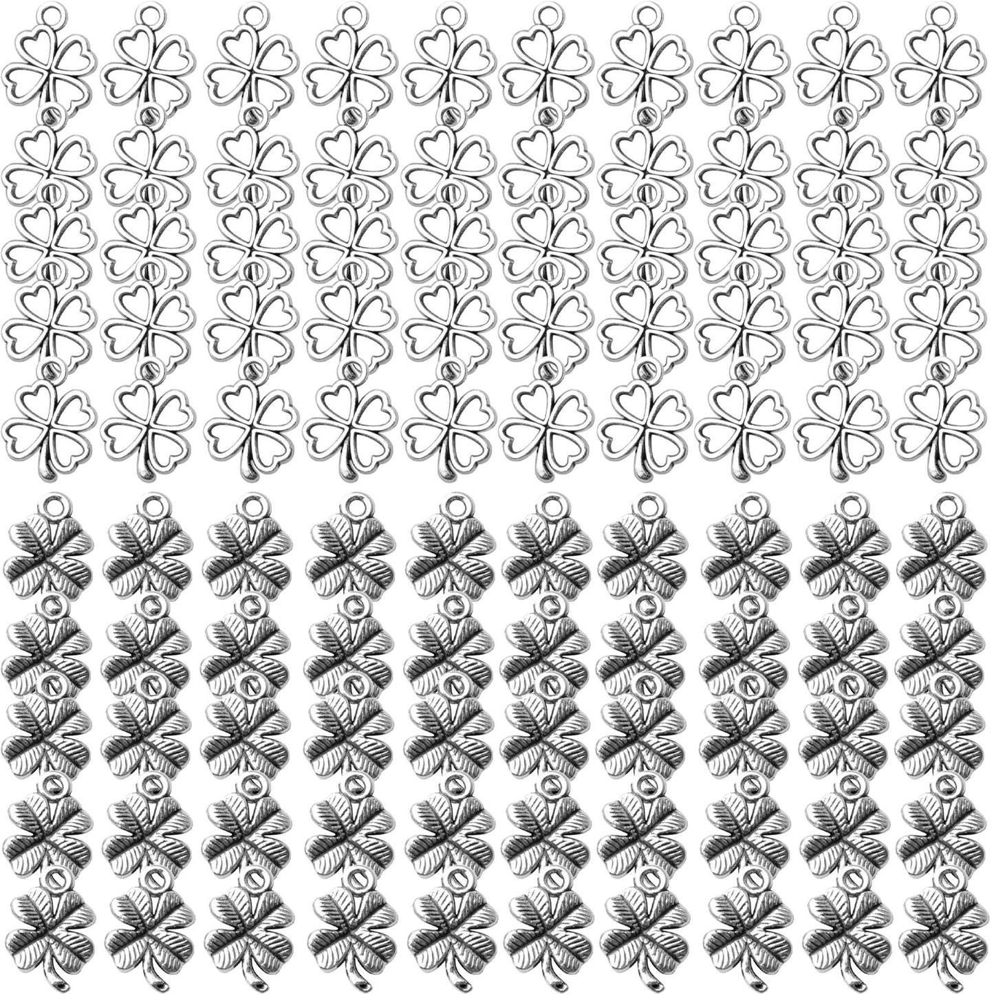 100pcs 2 Styles Alloy Four Leaf Clover Charms Lucky Charms Pendents for DIY Bracelet Necklace Jewelry Making Findings, Gold and Antique Silver