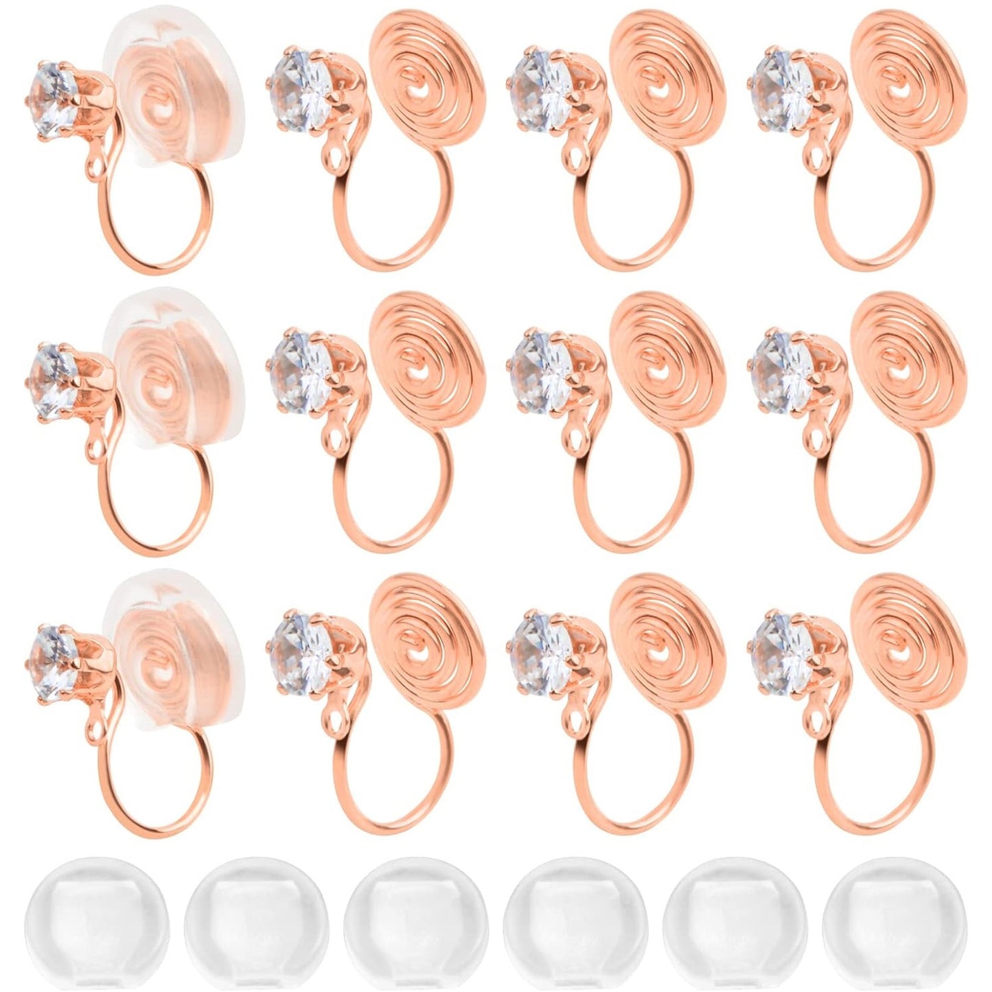 12pcs Brass Clip-on Earring Converters Mosquito Incense Shape Earring Clips with Cubic Zirconia and 12pcs Painless Earring Pads for Non-Pierced Ears DIY Jewelry Making, 3 Colors