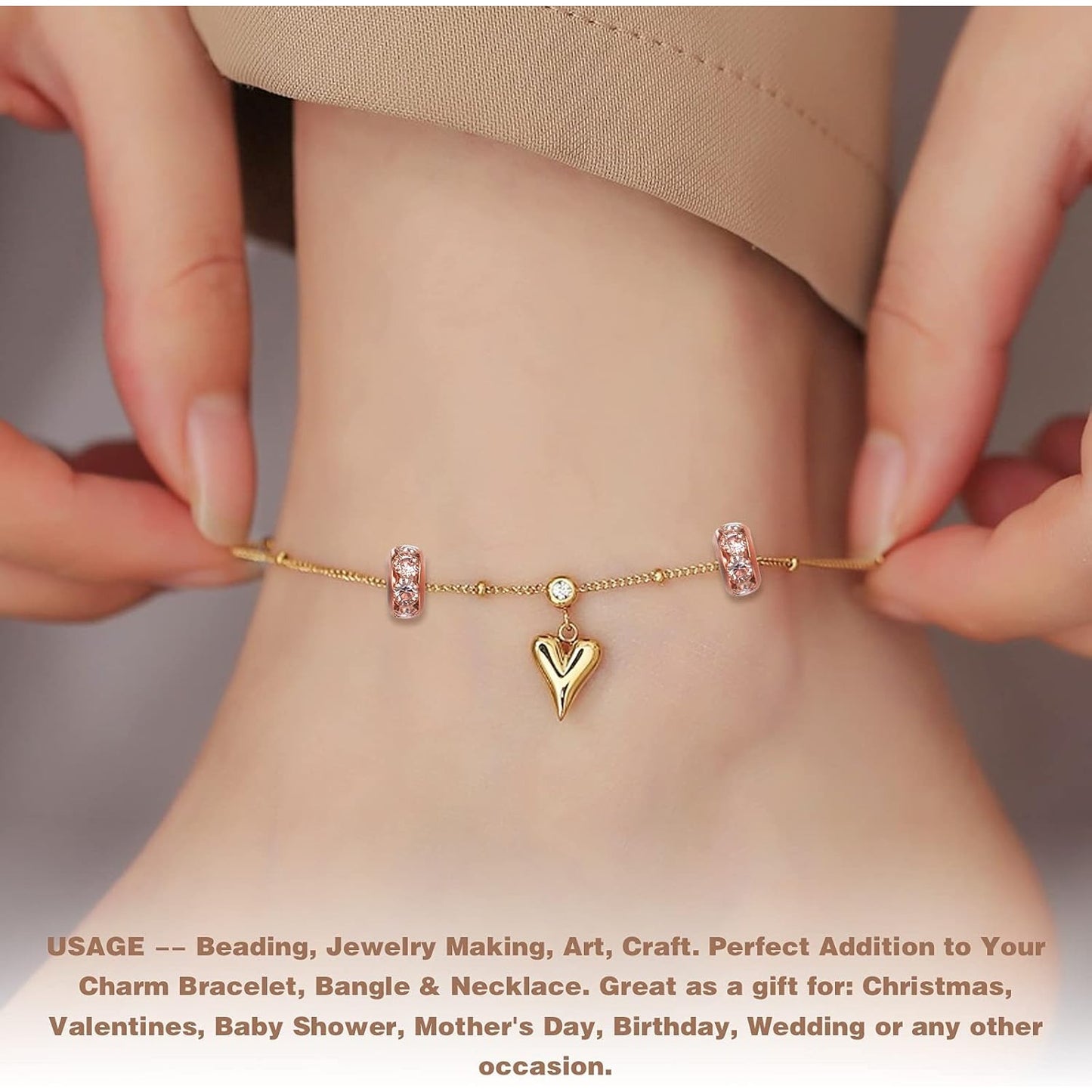 40pcs Rose Gold European Large Hole Beads Rhinestone Rondelle Spacer Beads Crystal Loose Charm Beads for DIY Bracelet Necklace Crafts Jewelry Making Supplies, Hole: 6 mm