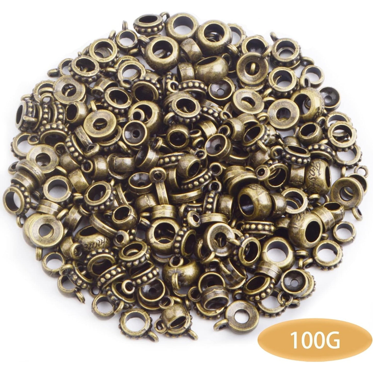 100 Gram Antique Bronze Bail Tube Beads Vintage Tibetan Alloy Bail Beads Connectors Spacer Bead Hanger Links for DIY European Bracelet Jewelry Crafts Making, 5 Styles