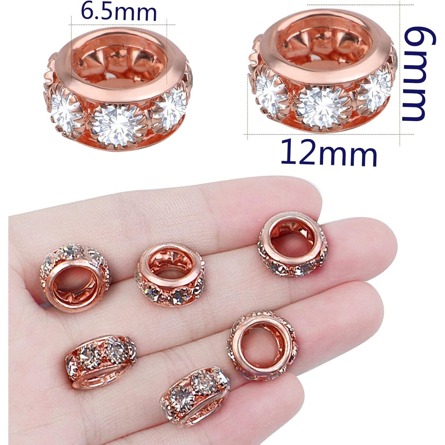 40pcs Rose Golden Crystal Rhinestone Spacer Beads European Large Hole Rondelle Beads for DIY Bracelet Snake Chain Jewelry Making Handmade Decor, Hole: 6.5 mm
