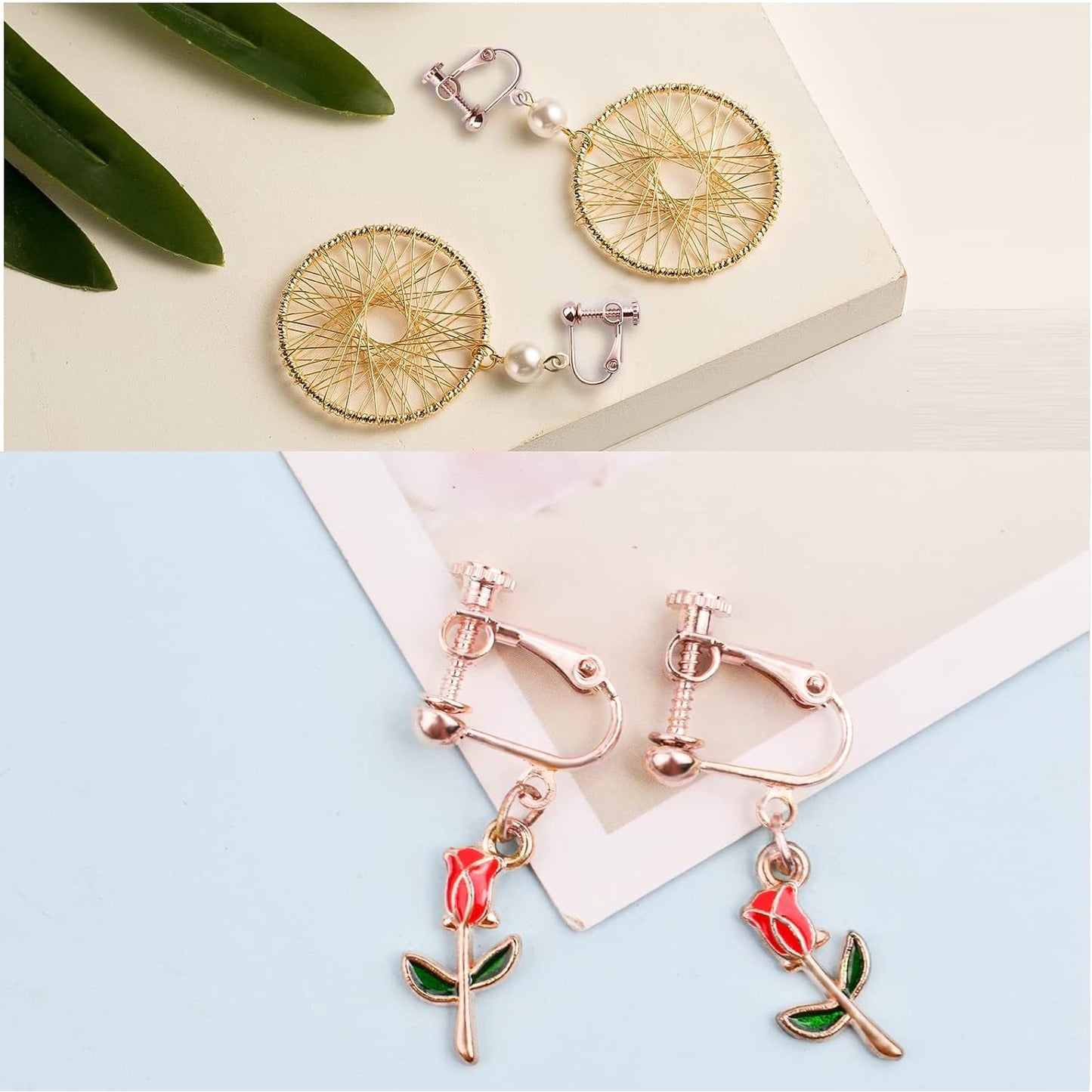 24pcs Clip-on Earring Converters Components Brass Screw Back Ear Wire Earring Findings with Loop and 24pcs Soft Earring Cushions for Non Pierced Ears, Rose Golden