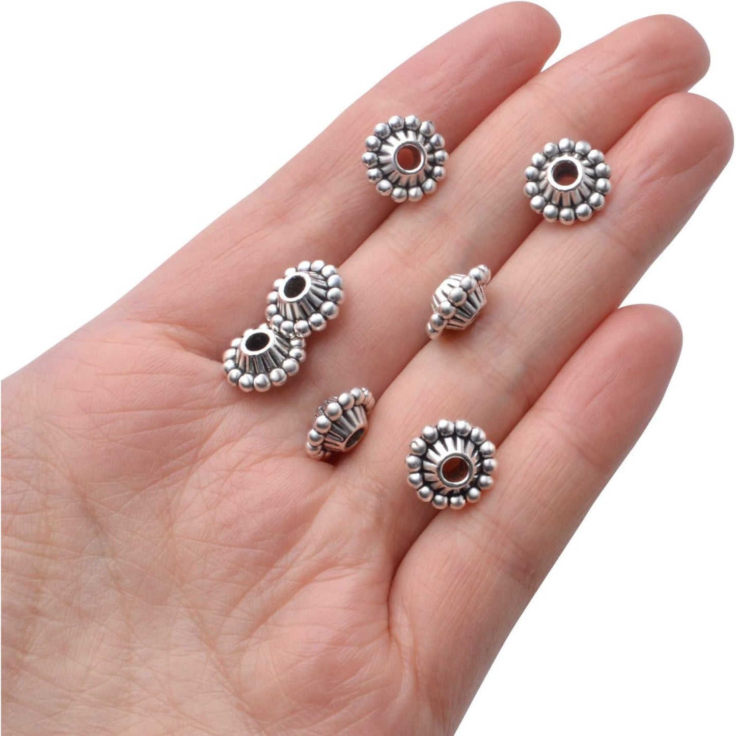 50pcs 11mm Antique Silver Flower Spacer Bead Tibetan Alloy Spacers European Large Hole Beads Jewelry Spacer Charm with A Box for Bracelet DIY Crafts Jewelry Making