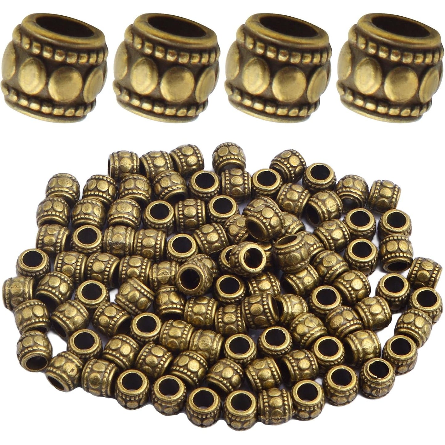 100pcs Antique Bronze Large Hole Spacer Beads Tibetan Alloy Round Column Loose Bead Vintage Tube Charm Beads Spacers Accessories for European Bracelet Craft Projects Supplies