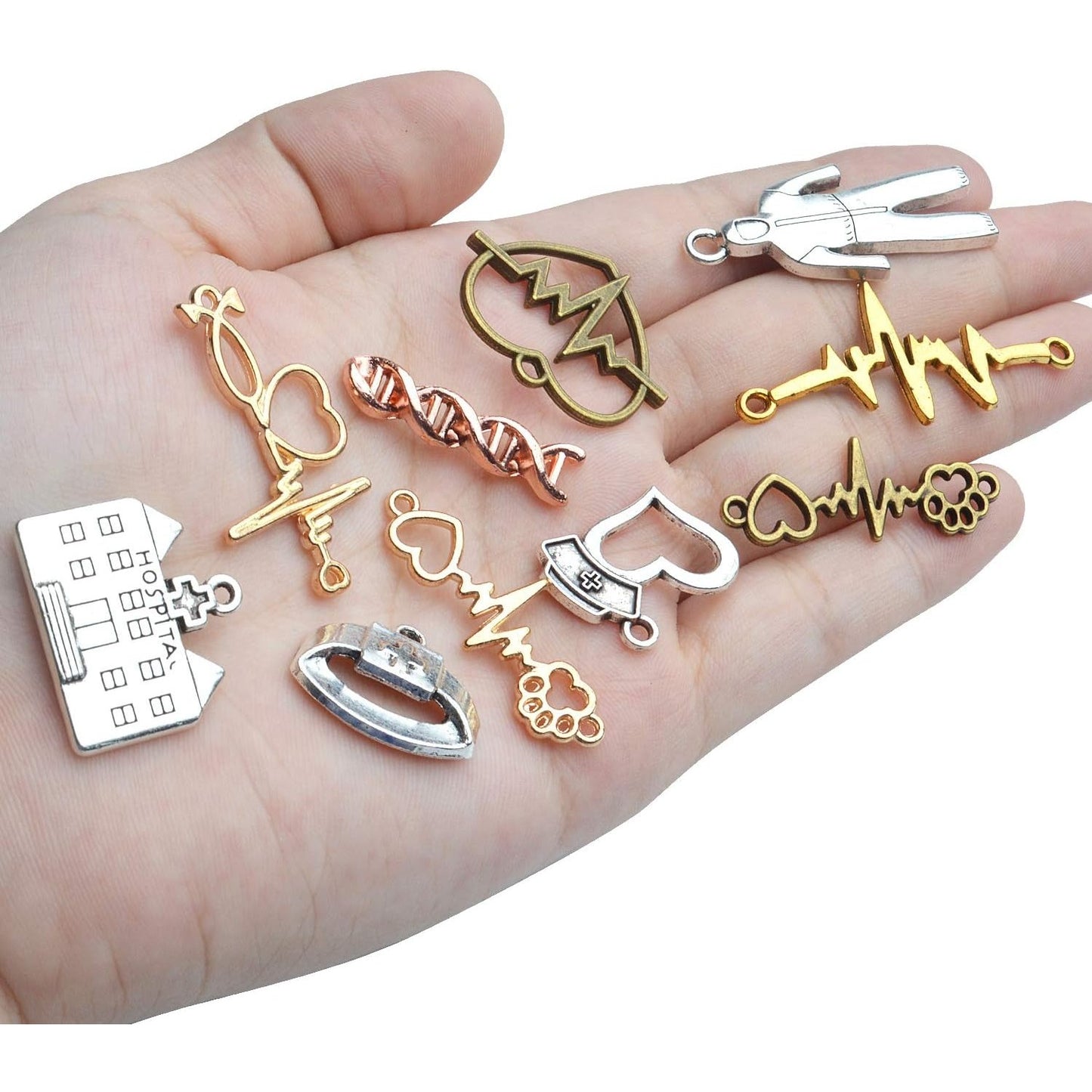 Medical Nurse Charms, 100g(about 40-70pcs) Tibetan Medical Crafts Pendant Mixed Alloy Hospital Nurse Stethoscope Syringe Nurse Cap Hat Charms Accessory for DIY Jewelry Making Crafting