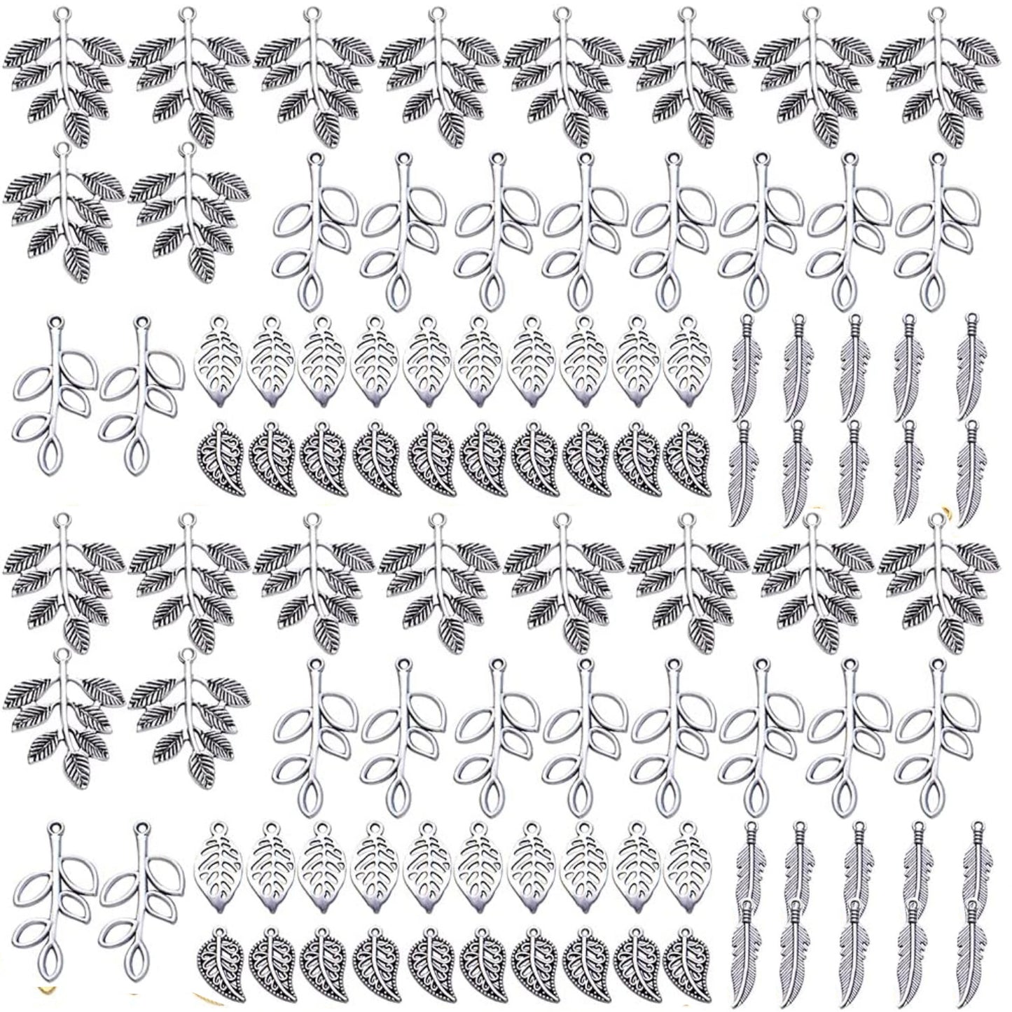 100pcs 5 Styles Tree Leaf Charms Tibetan Alloy Leaves Branch Pendants Vintage Dangle Charms for DIY Earring Necklace Keychains Jewelry Making Accessory, Gold and Antique Silver